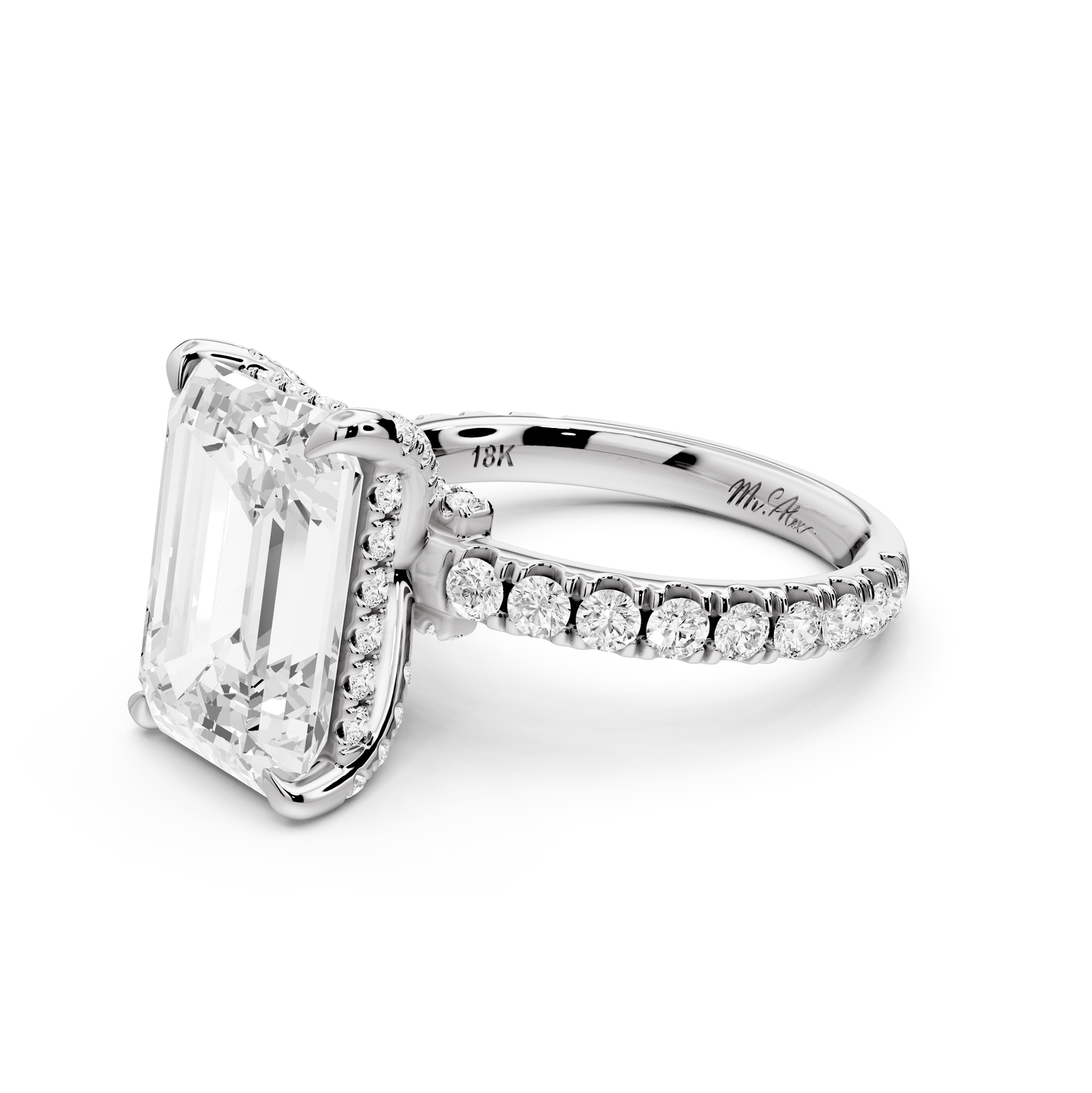 Jade - 5ct 14k white gold emerald hidden halo diamond crown and bridge Pavé engagement ring