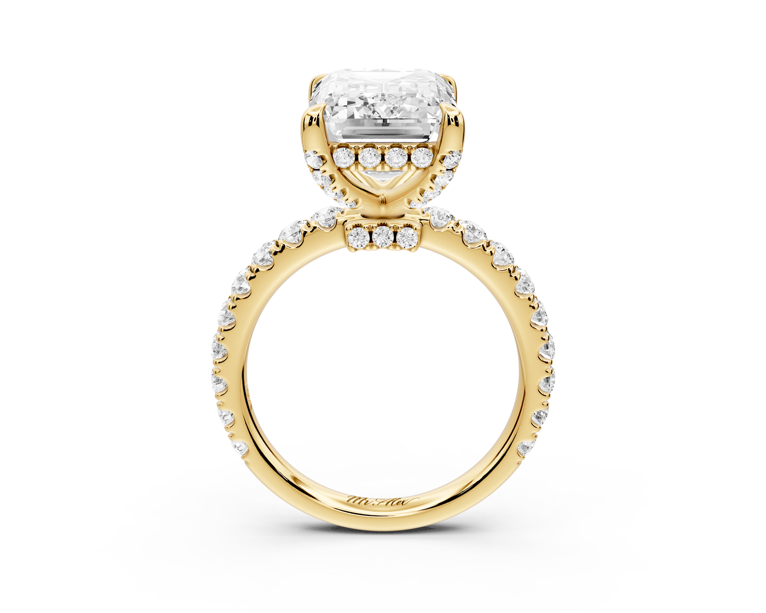 Jade - 5ct 14k yellow gold emerald hidden halo diamond crown and bridge Pavé engagement ring