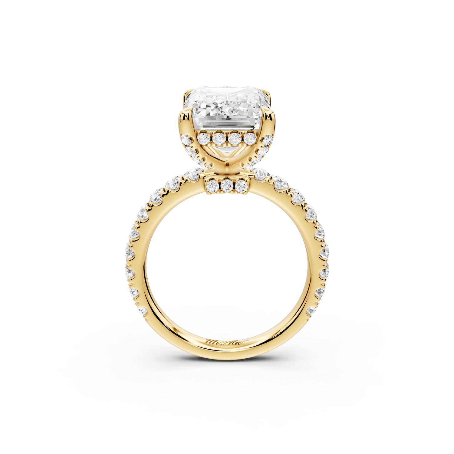 Jade - 5ct 14k yellow gold emerald hidden halo diamond crown and bridge Pavé engagement ring