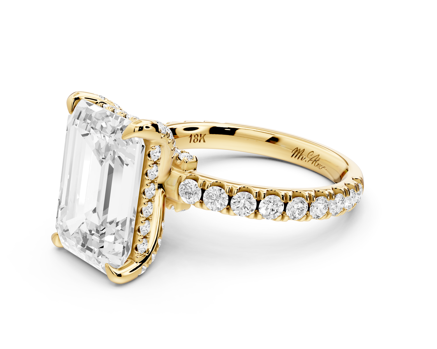 Jade - 5ct 14k yellow gold emerald hidden halo diamond crown and bridge Pavé engagement ring