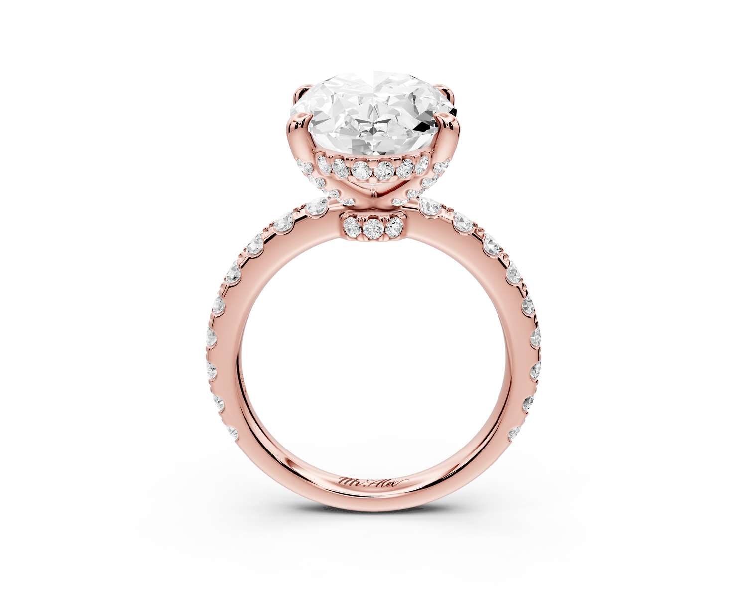 Jade - 5ct 14k rose gold oval hidden halo diamond crown and bridge Pavé engagement ring