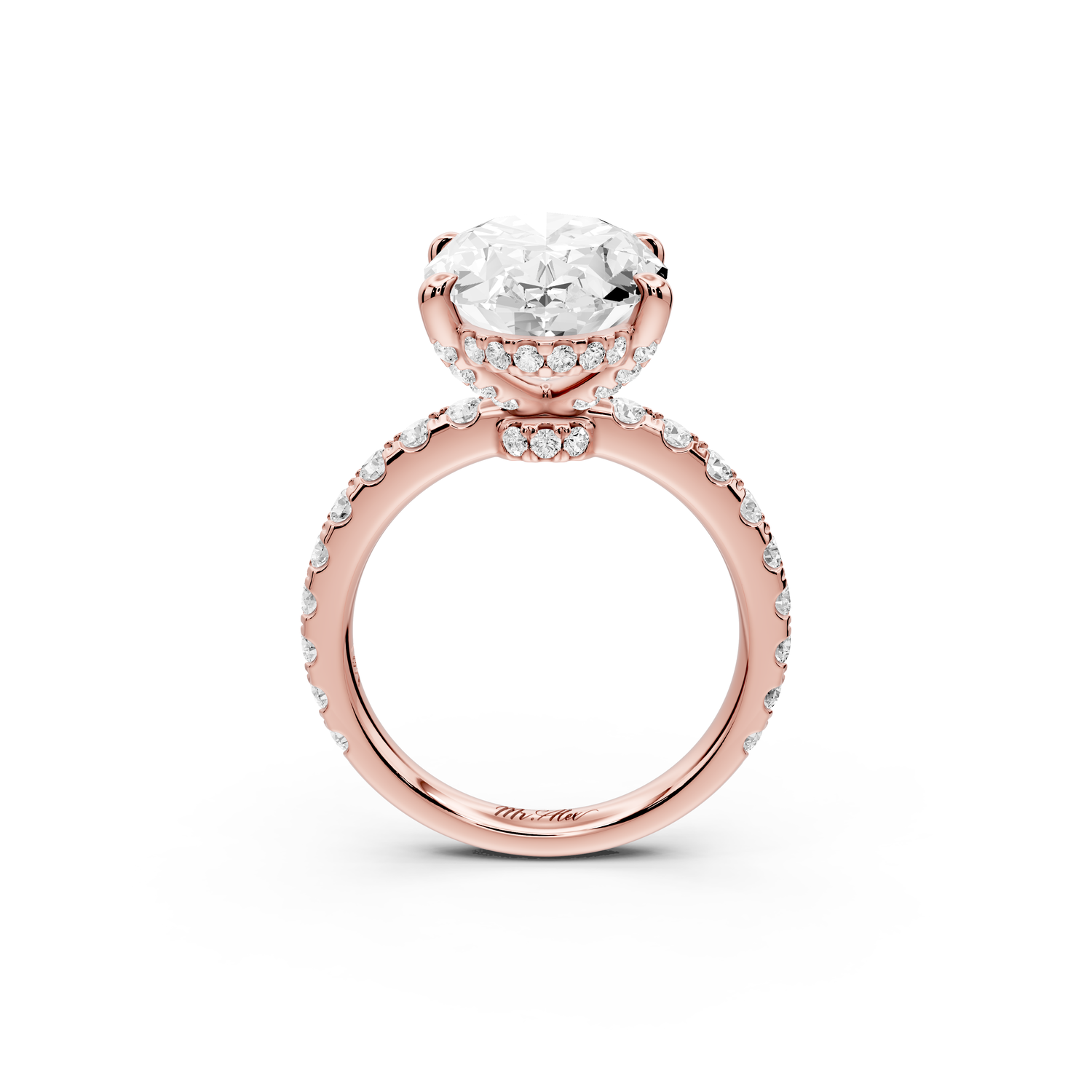 Jade - 5ct 14k rose gold oval hidden halo diamond crown and bridge Pavé engagement ring