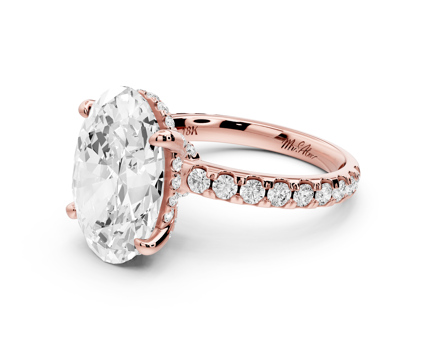 Jade - 5ct 14k rose gold oval hidden halo diamond crown and bridge Pavé engagement ring