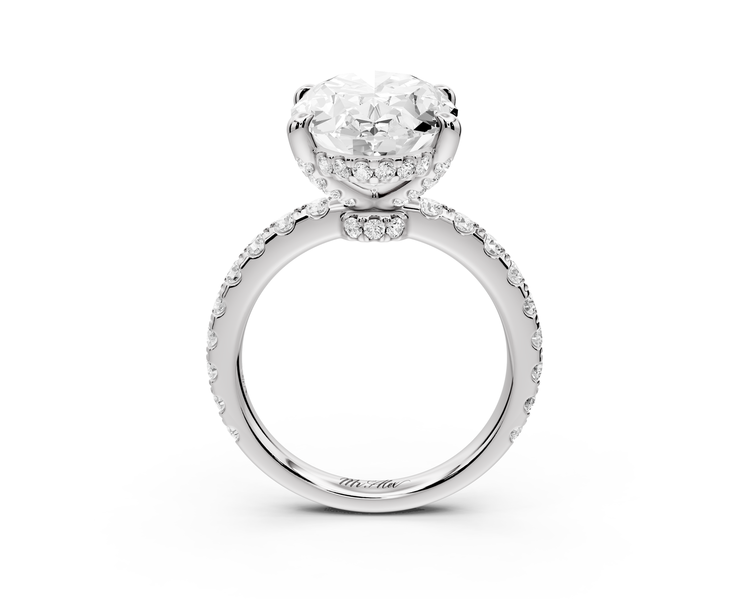 Jade - 5ct 14k white gold oval hidden halo diamond crown and bridge Pavé engagement ring