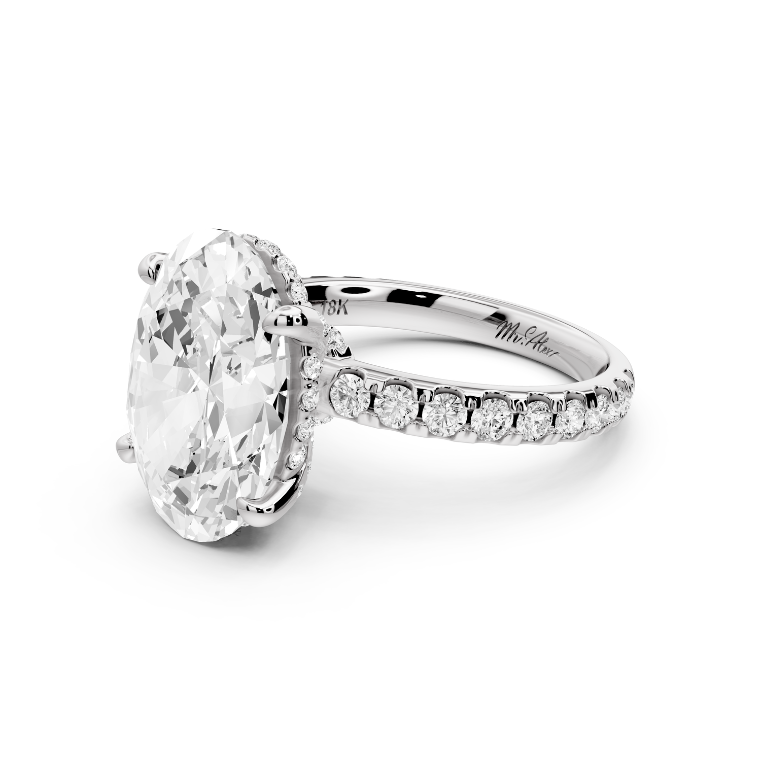 Jade - 5ct 14k white gold oval hidden halo diamond crown and bridge Pavé engagement ring
