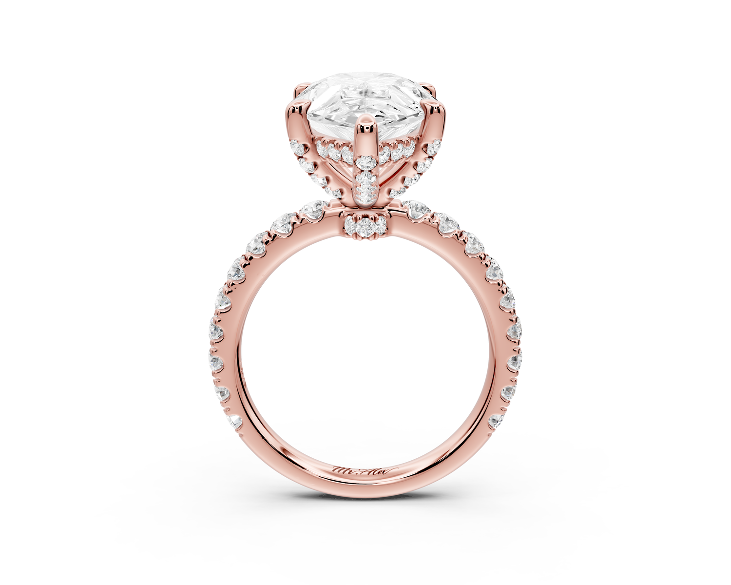 Jade - 5ct 14k rose gold pear hidden halo diamond crown and bridge Pavé engagement ring