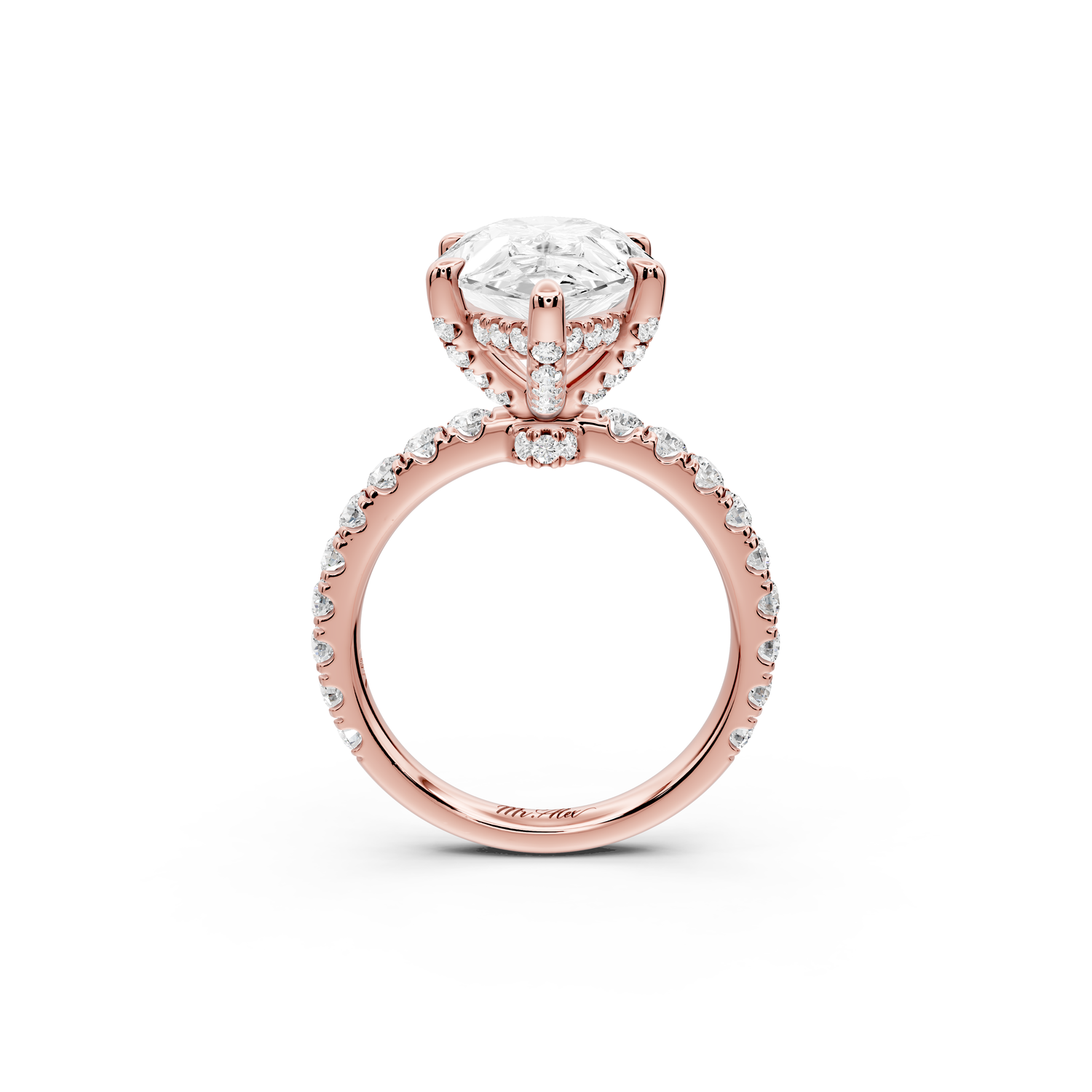 Jade - 5ct 14k rose gold pear hidden halo diamond crown and bridge Pavé engagement ring