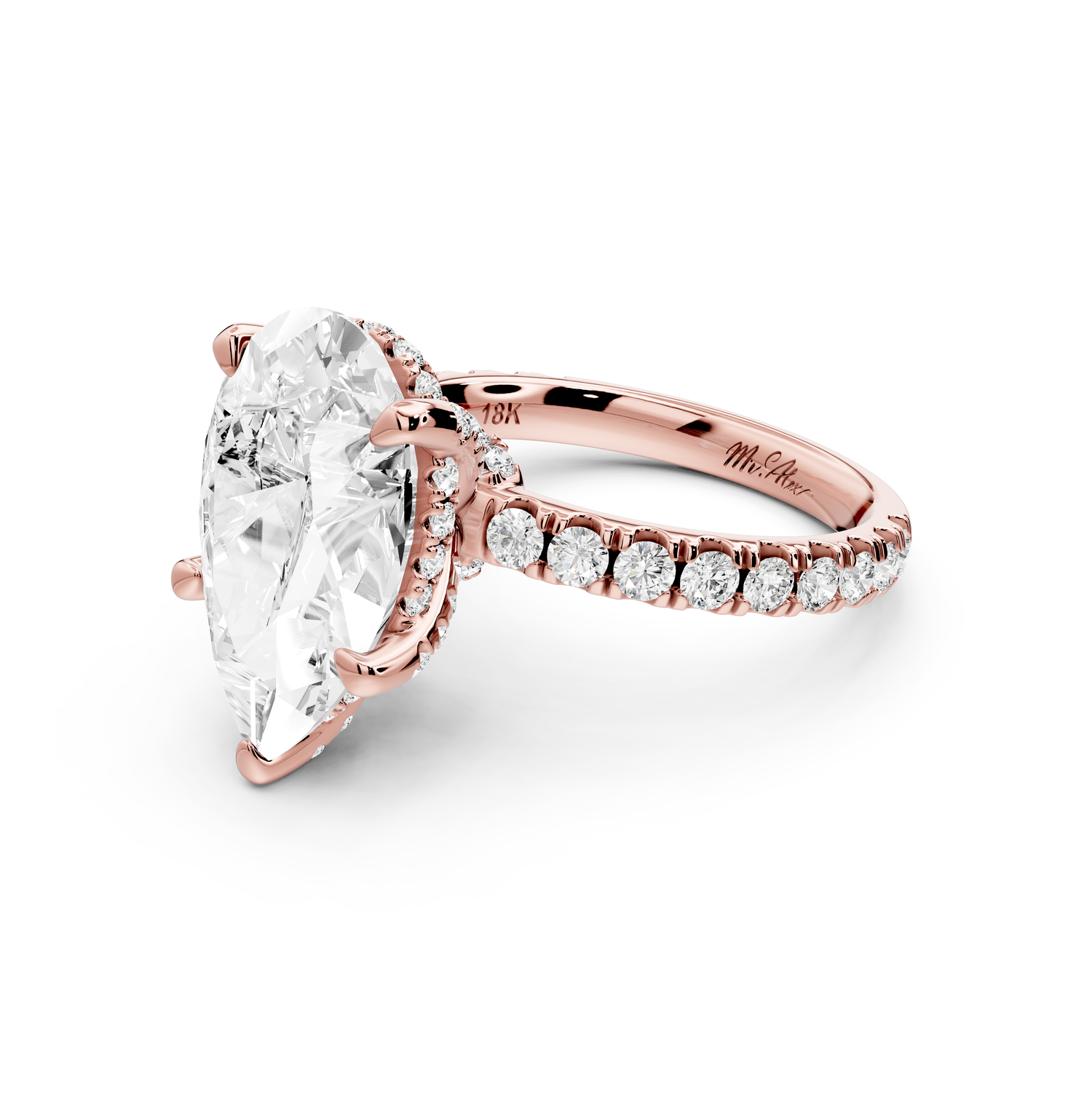 Jade - 5ct 14k rose gold pear hidden halo diamond crown and bridge Pavé engagement ring