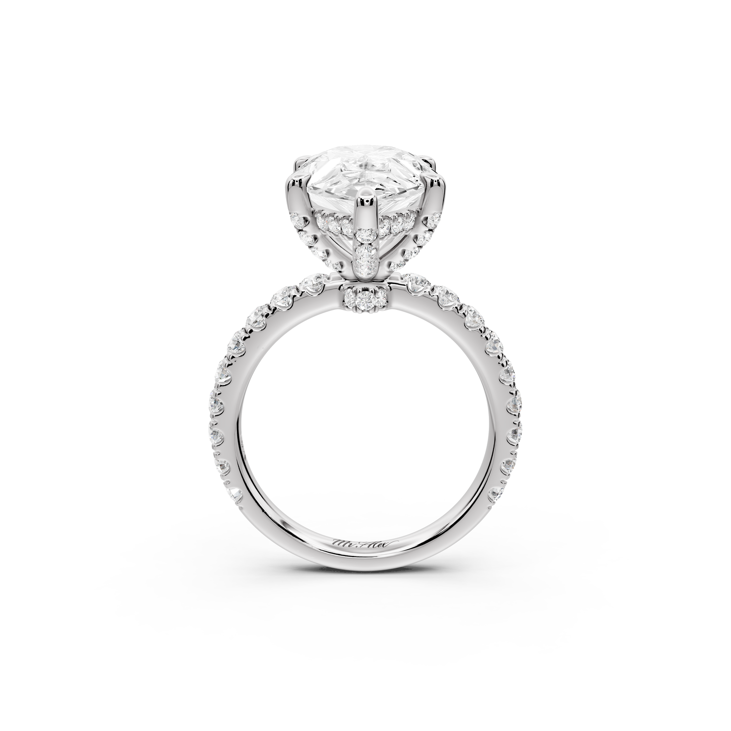 Jade - 5ct 14k white gold pear hidden halo diamond crown and bridge Pavé engagement ring