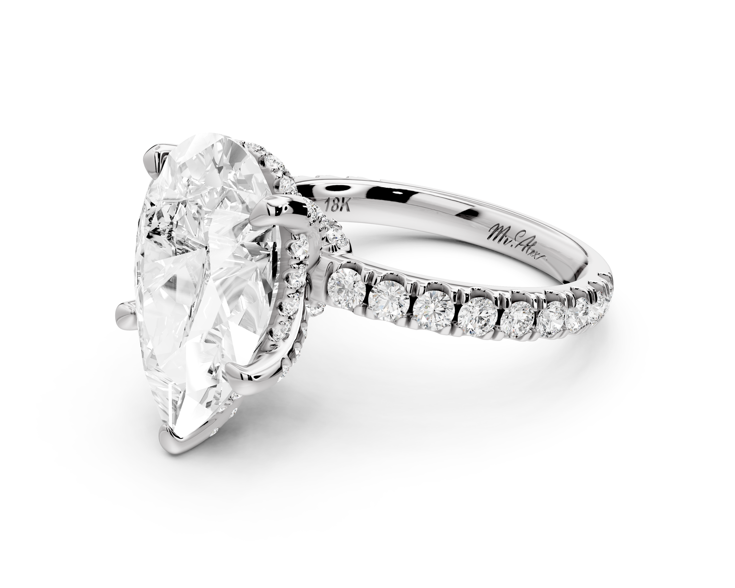 Jade - 5ct 14k white gold pear hidden halo diamond crown and bridge Pavé engagement ring