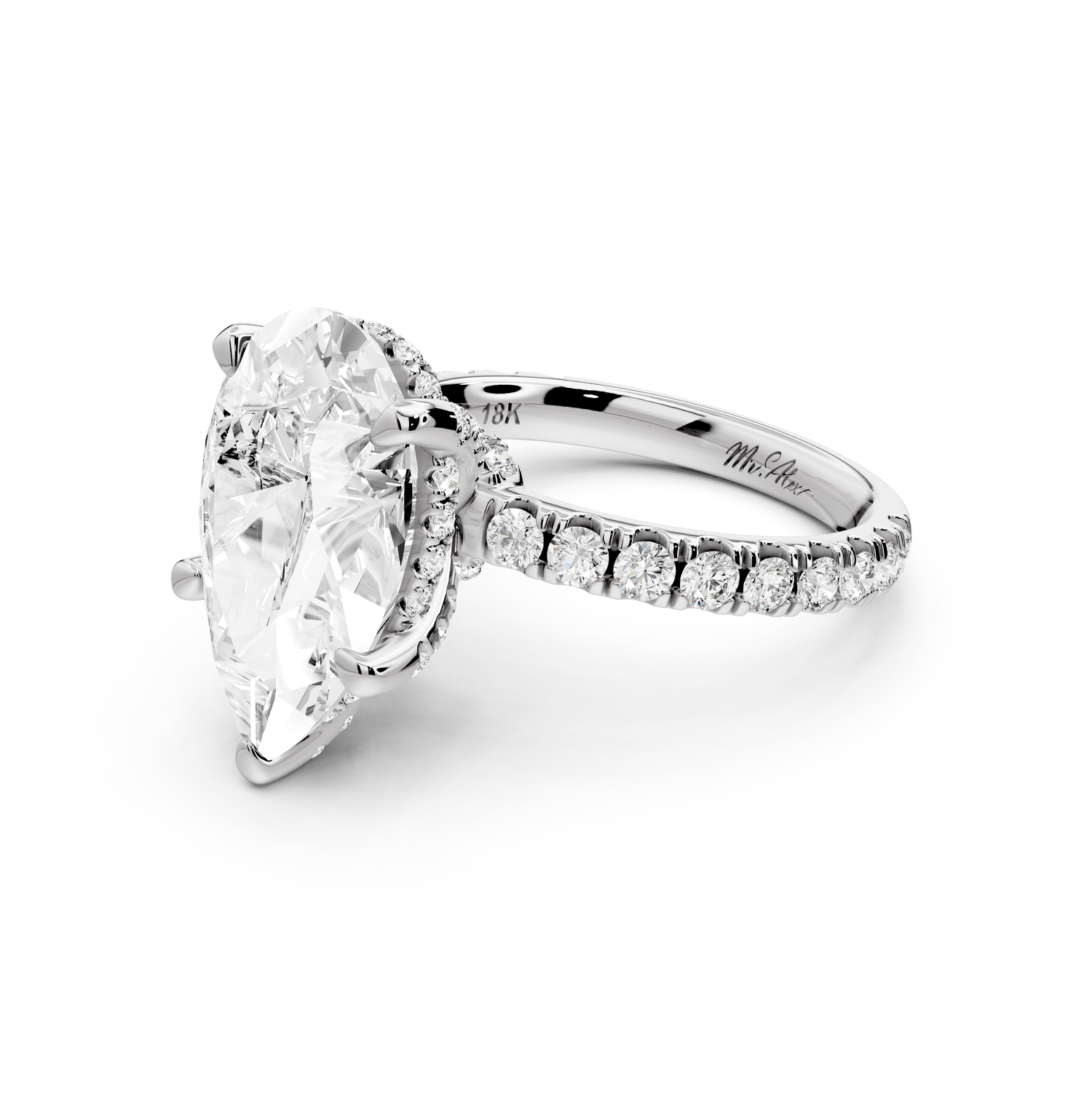 Jade - 5ct 14k white gold pear hidden halo diamond crown and bridge Pavé engagement ring