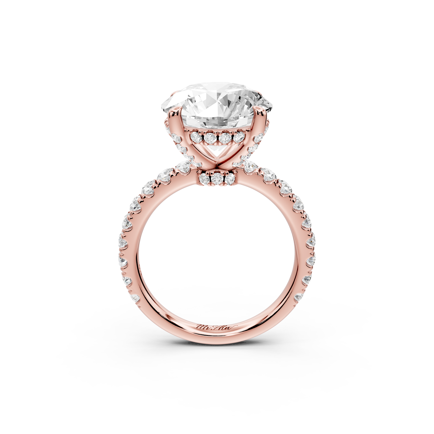 Jade - 5ct 14k rose gold round hidden halo diamond crown and bridge Pavé engagement ring