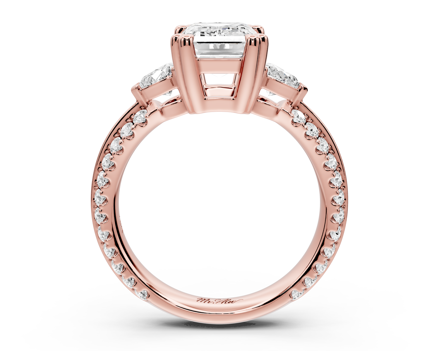 Elinor - 2ct 14k rose gold emerald diamond Double talon prongs with two heart side stones and rollover pavé engagement ring