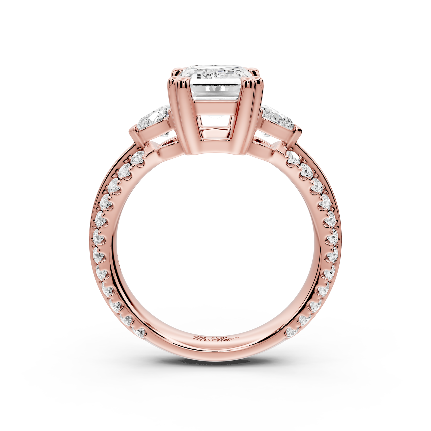 Elinor - 2ct 14k rose gold emerald diamond Double talon prongs with two heart side stones and rollover pavé engagement ring