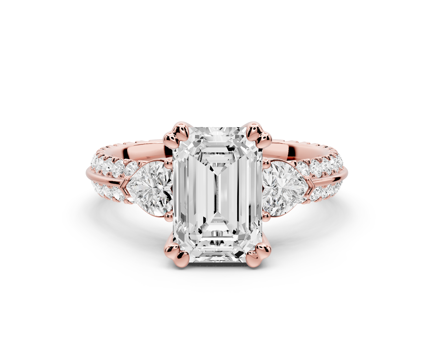 Elinor - 2ct 14k rose gold emerald diamond Double talon prongs with two heart side stones and rollover pavé engagement ring