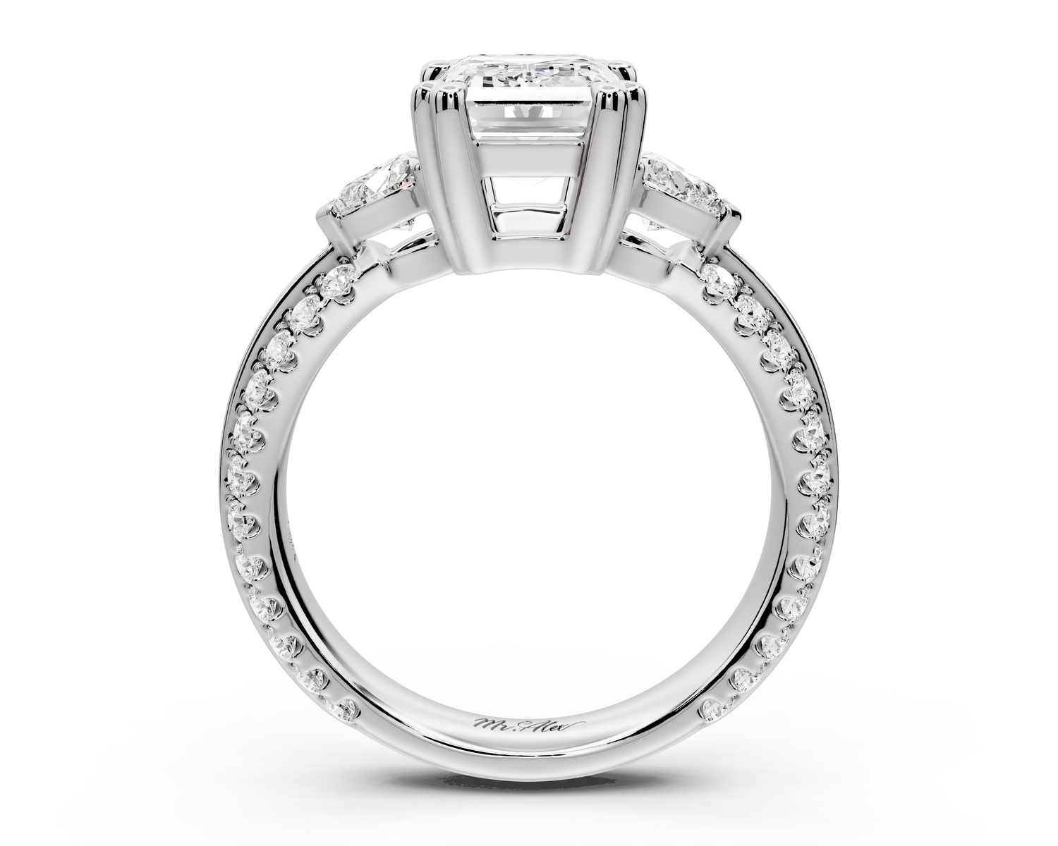 Elinor - 2ct 14k white gold emerald diamond Double talon prongs with two heart side stones and rollover pavé engagement ring