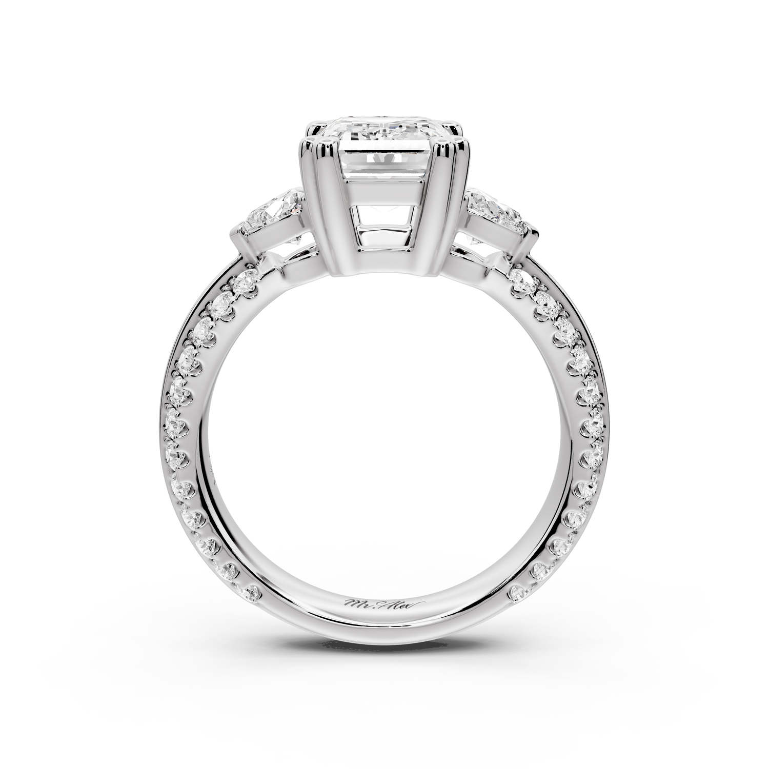 Elinor - 2ct 14k white gold emerald diamond Double talon prongs with two heart side stones and rollover pavé engagement ring