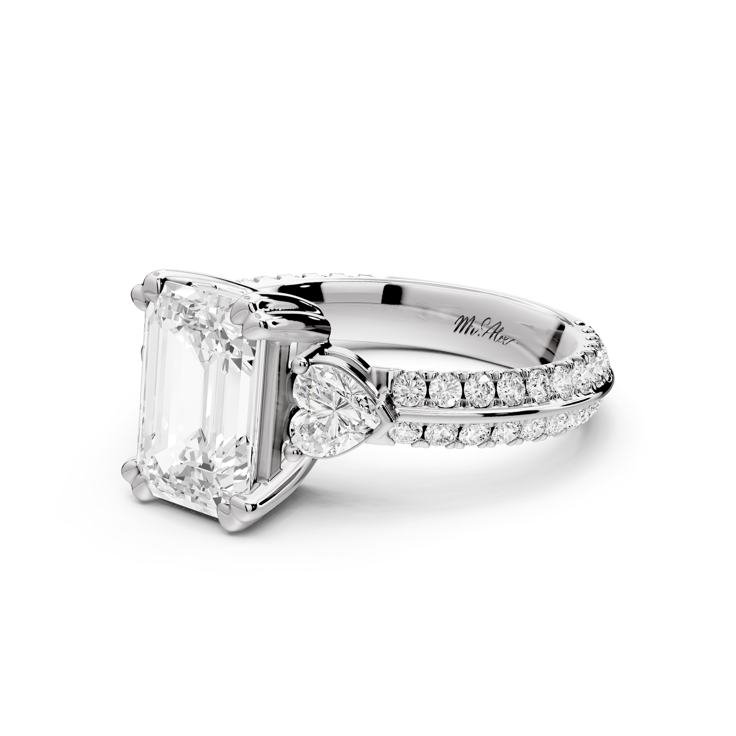 Elinor - 2ct 14k white gold emerald diamond Double talon prongs with two heart side stones and rollover pavé engagement ring