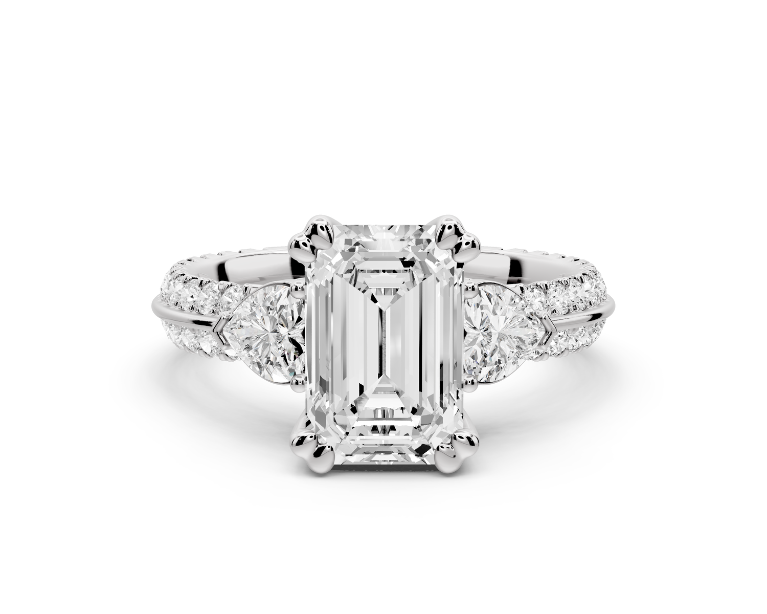 Elinor - 2ct 14k white gold emerald diamond Double talon prongs with two heart side stones and rollover pavé engagement ring