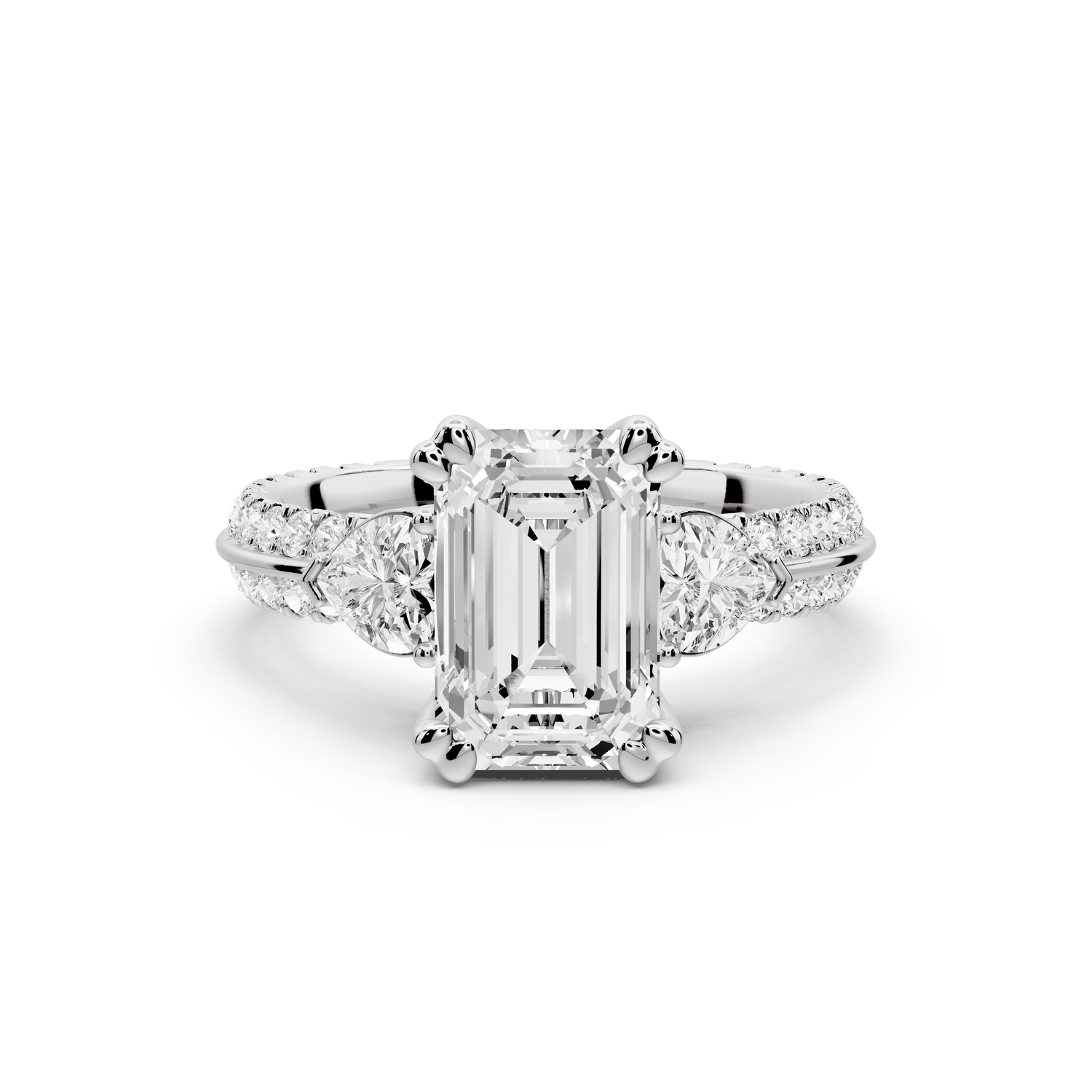Elinor - 2ct 14k white gold emerald diamond Double talon prongs with two heart side stones and rollover pavé engagement ring