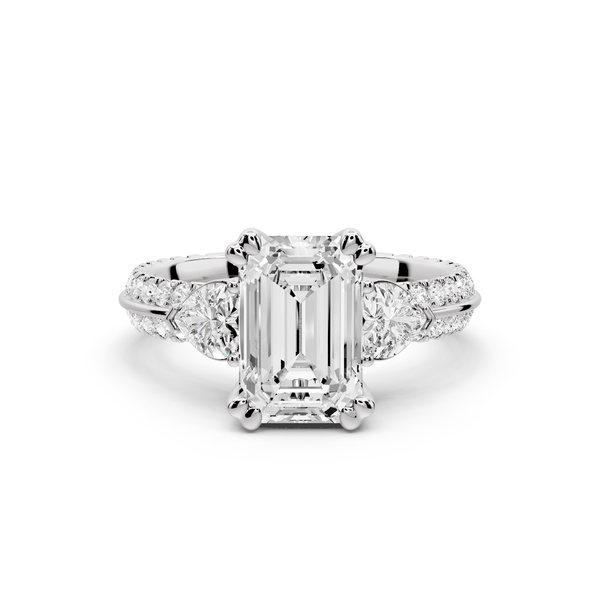 Elinor - 2ct 14k white gold emerald diamond Double talon prongs with two heart side stones and rollover pavé engagement ring
