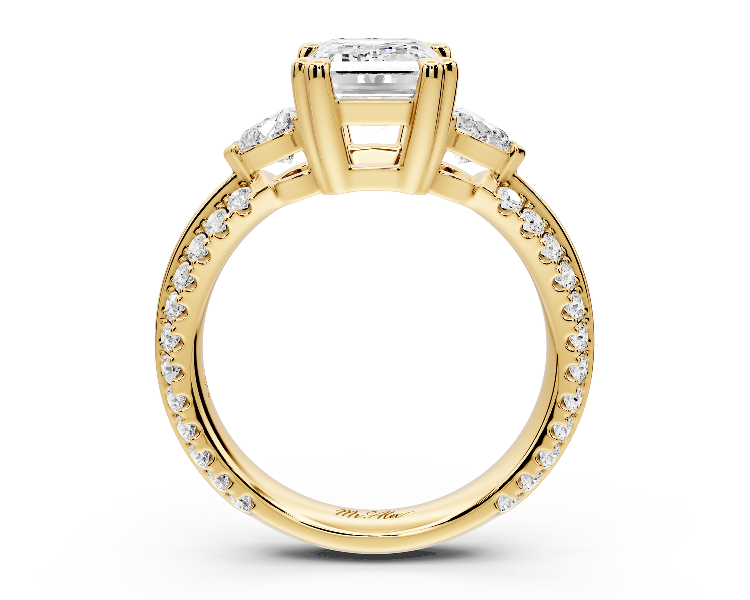 Elinor - 2ct 14k yellow gold emerald diamond Double talon prongs with two heart side stones and rollover pavé engagement ring