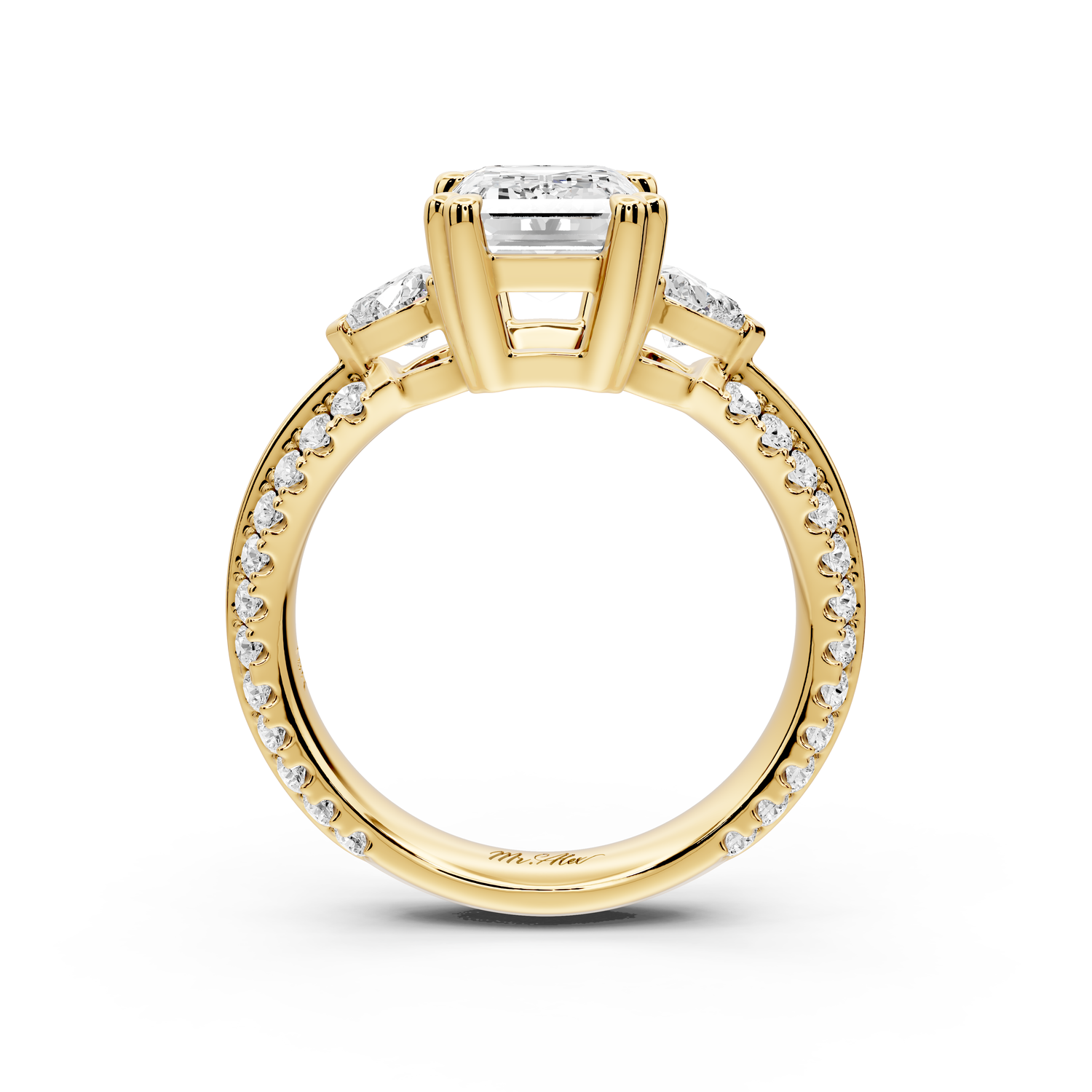 Elinor - 2ct 14k yellow gold emerald diamond Double talon prongs with two heart side stones and rollover pavé engagement ring