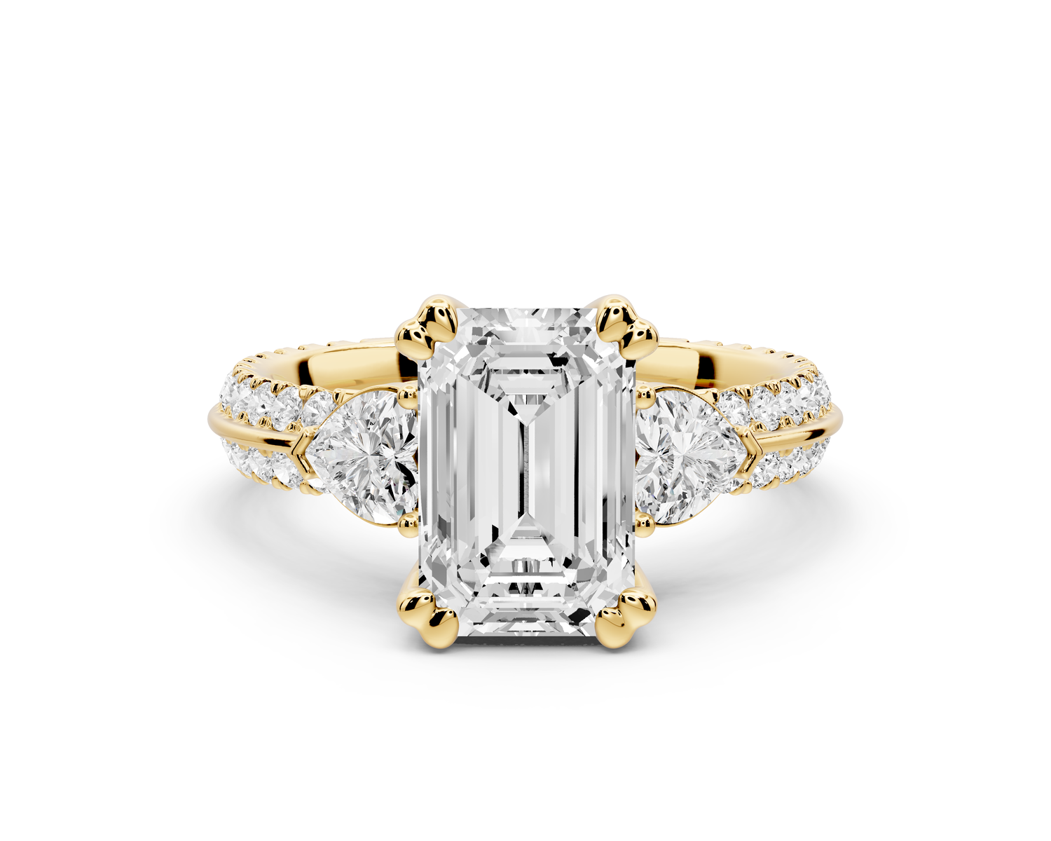 Elinor - 2ct 14k yellow gold emerald diamond Double talon prongs with two heart side stones and rollover pavé engagement ring