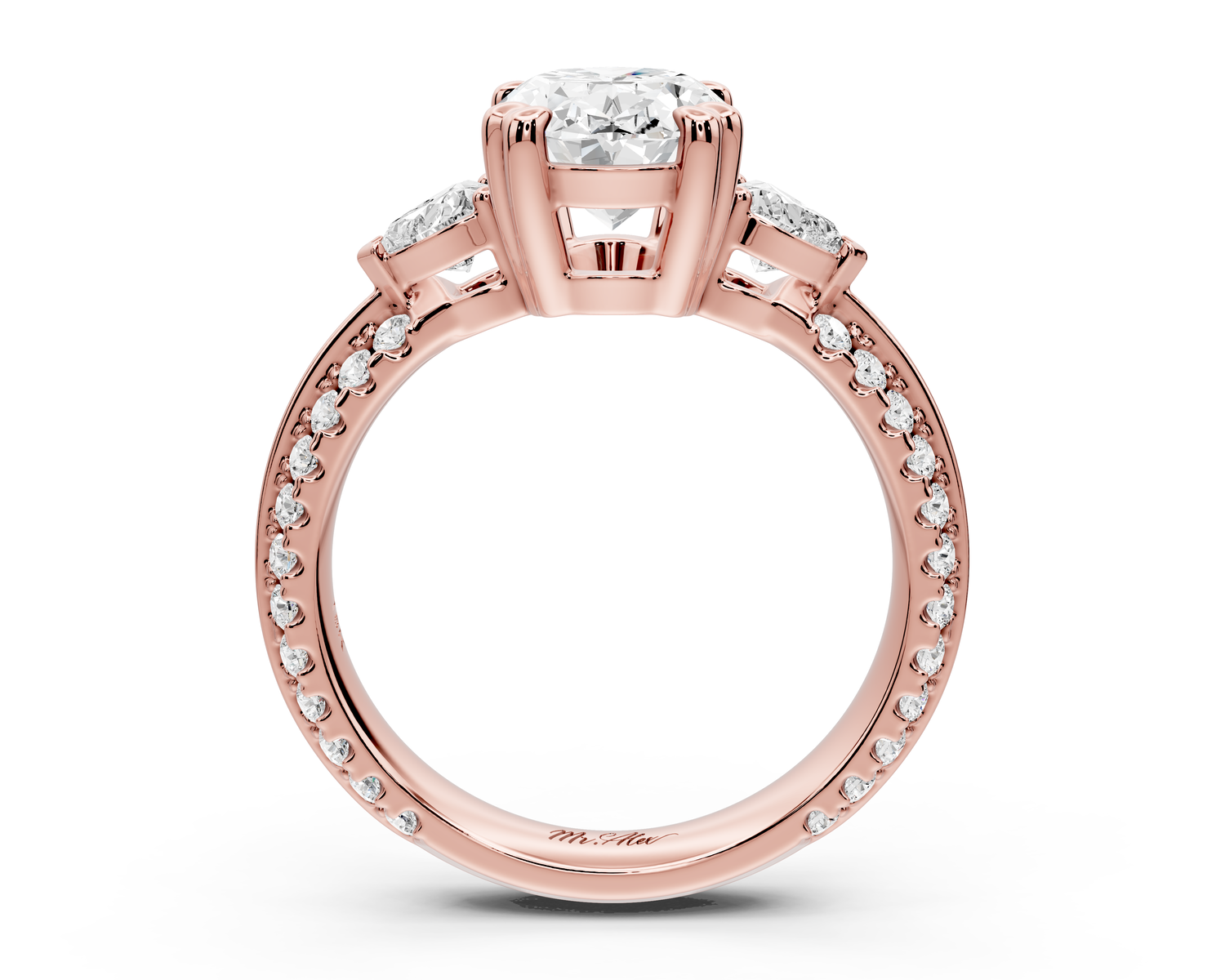 Elinor - 2ct 14k rose gold oval diamond Double talon prongs with two heart side stones and rollover pavé engagement ring