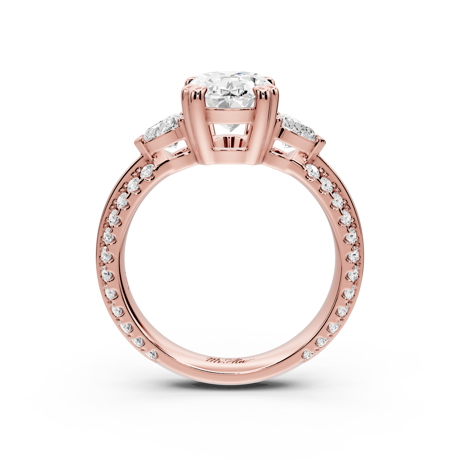 Elinor - 2ct 14k rose gold oval diamond Double talon prongs with two heart side stones and rollover pavé engagement ring