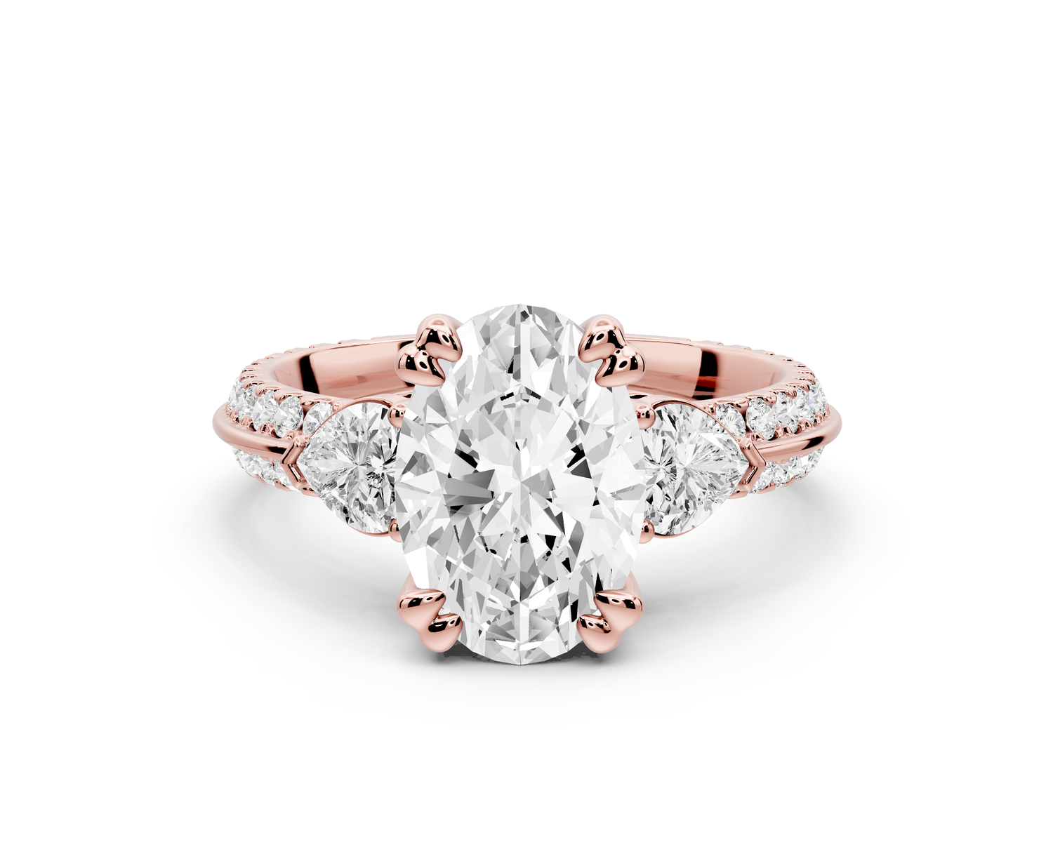 Elinor - 2ct 14k rose gold oval diamond Double talon prongs with two heart side stones and rollover pavé engagement ring