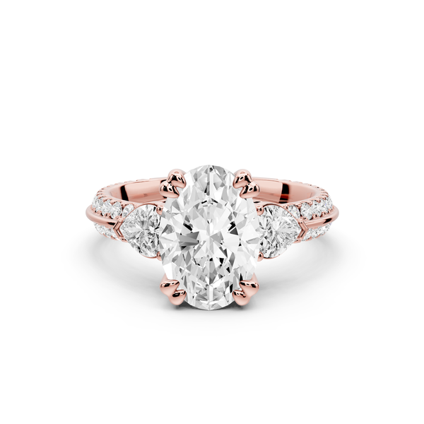 Elinor - 2ct 14k rose gold oval diamond Double talon prongs with two heart side stones and rollover pavé engagement ring