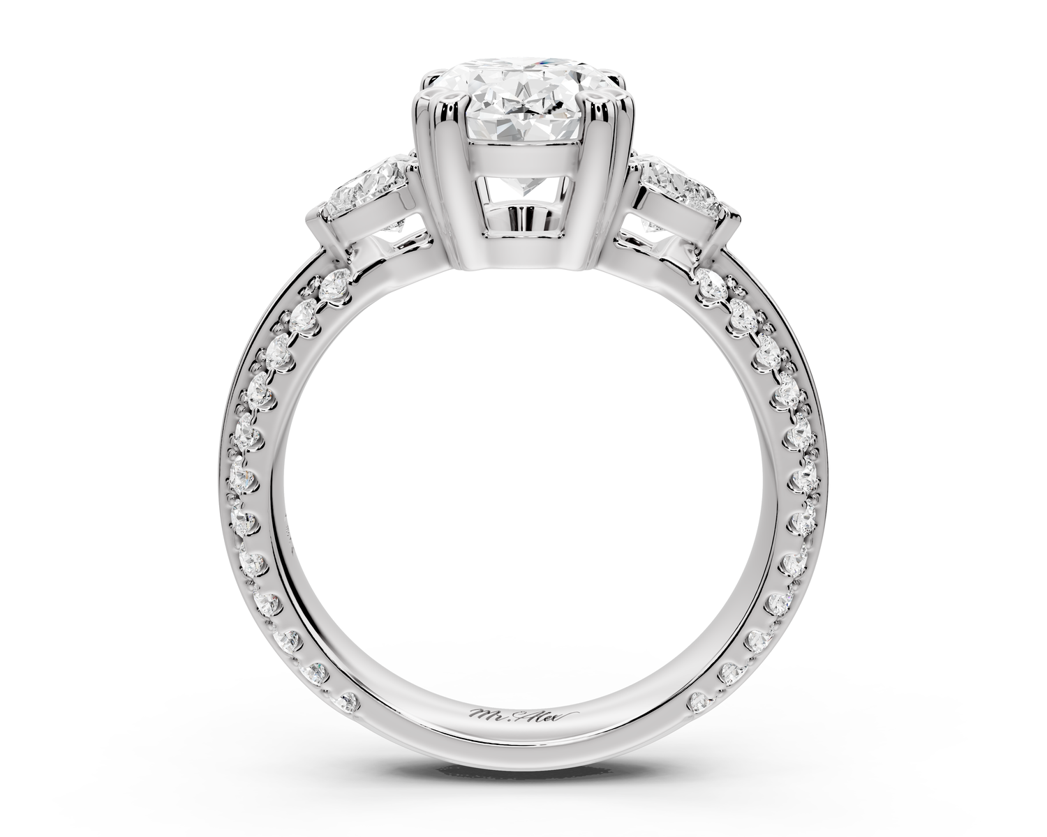 Elinor - 2ct 14k white gold oval diamond Double talon prongs with two heart side stones and rollover pavé engagement ring