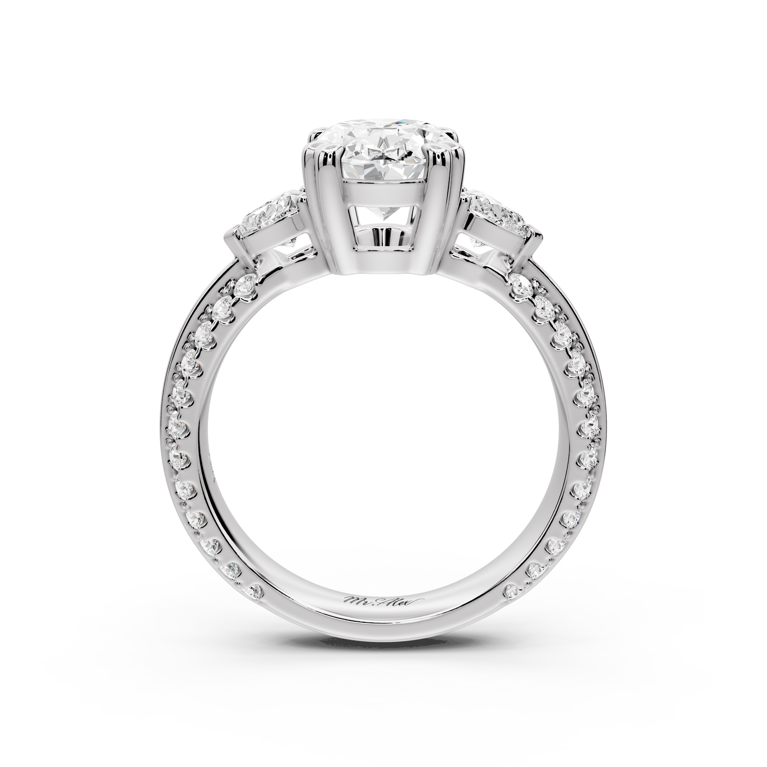 Elinor - 2ct 14k white gold oval diamond Double talon prongs with two heart side stones and rollover pavé engagement ring