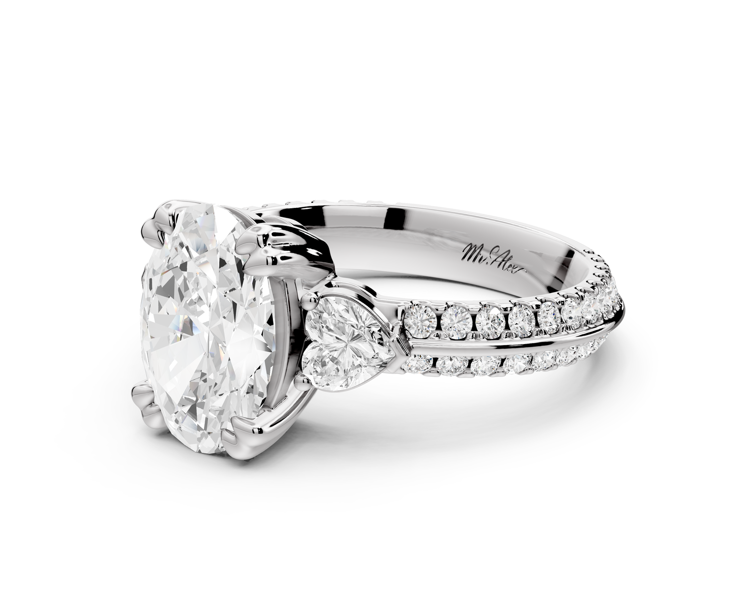 Elinor - 2ct 14k white gold oval diamond Double talon prongs with two heart side stones and rollover pavé engagement ring