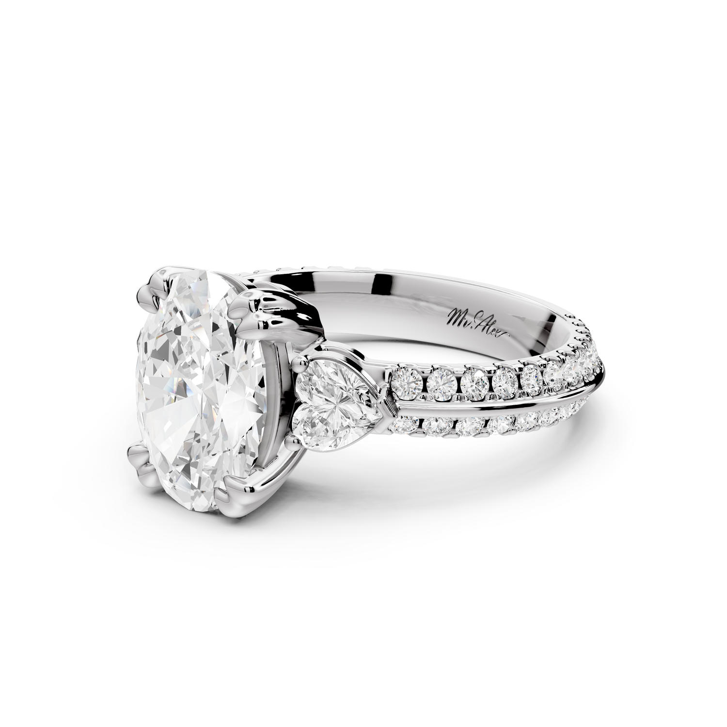 Elinor - 2ct 14k white gold oval diamond Double talon prongs with two heart side stones and rollover pavé engagement ring