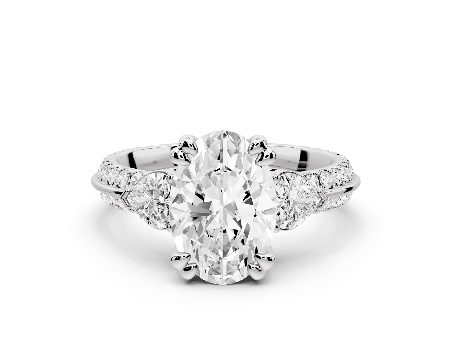 Elinor - 2ct 14k white gold oval diamond Double talon prongs with two heart side stones and rollover pavé engagement ring