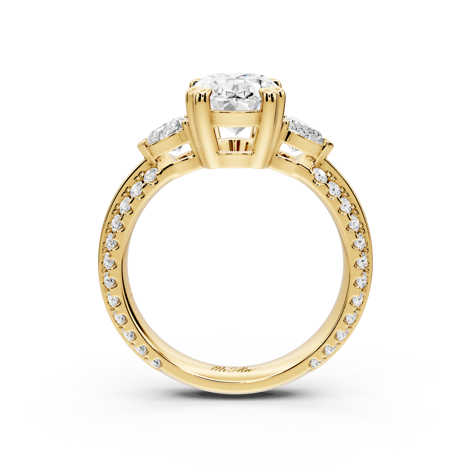 Elinor - 2ct 14k yellow gold oval diamond Double talon prongs with two heart side stones and rollover pavé engagement ring