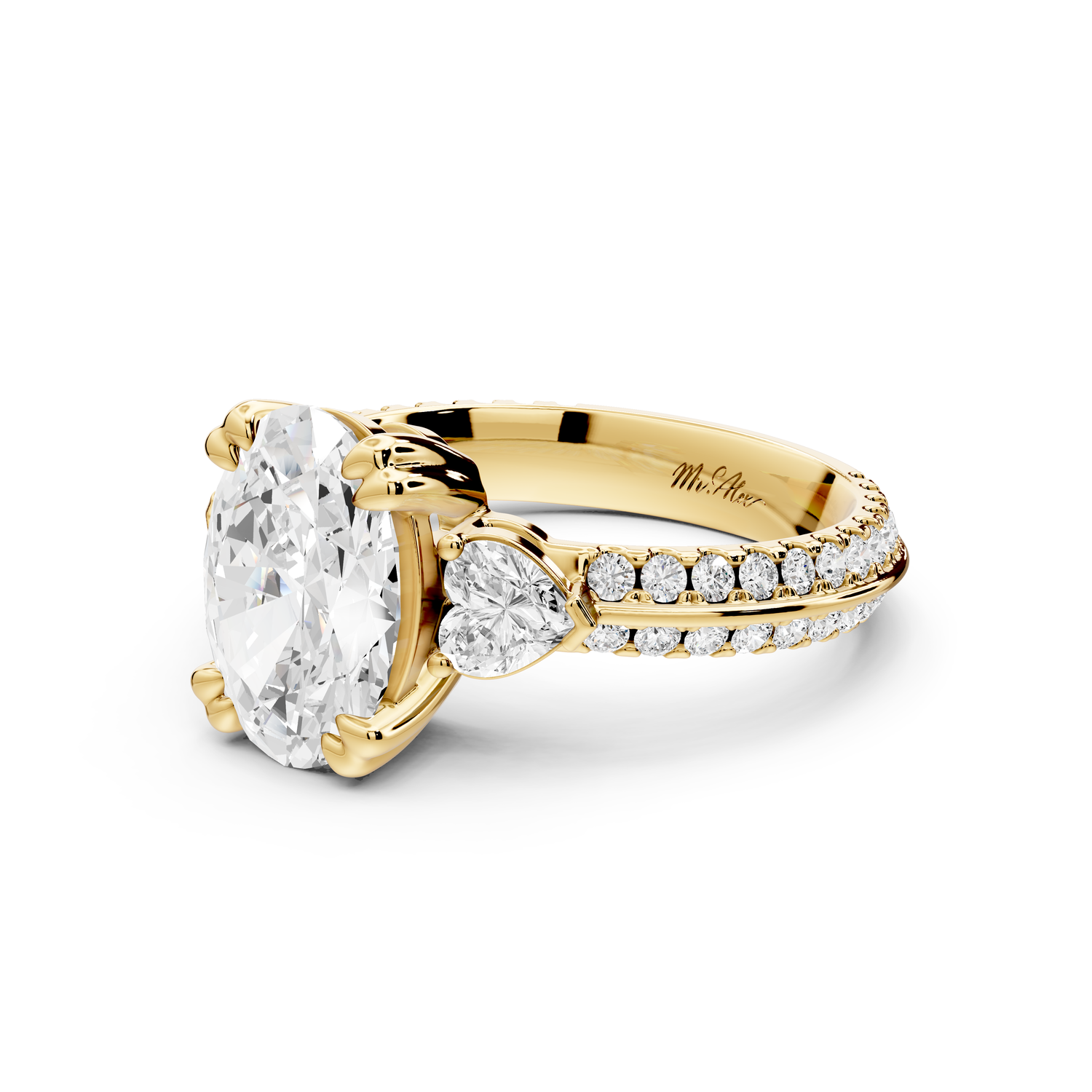 Elinor - 2ct 14k yellow gold oval diamond Double talon prongs with two heart side stones and rollover pavé engagement ring