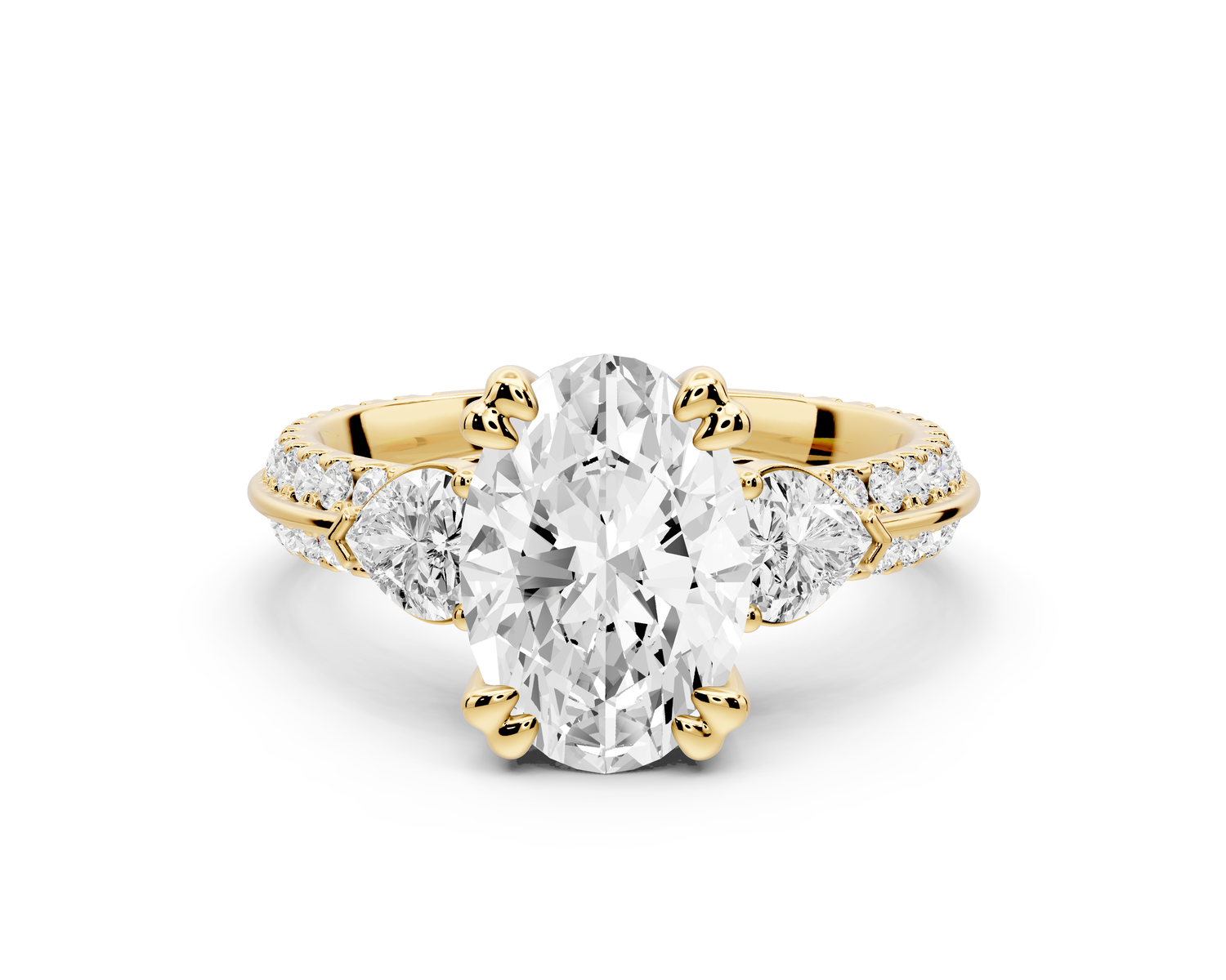 Elinor - 2ct 14k yellow gold oval diamond Double talon prongs with two heart side stones and rollover pavé engagement ring