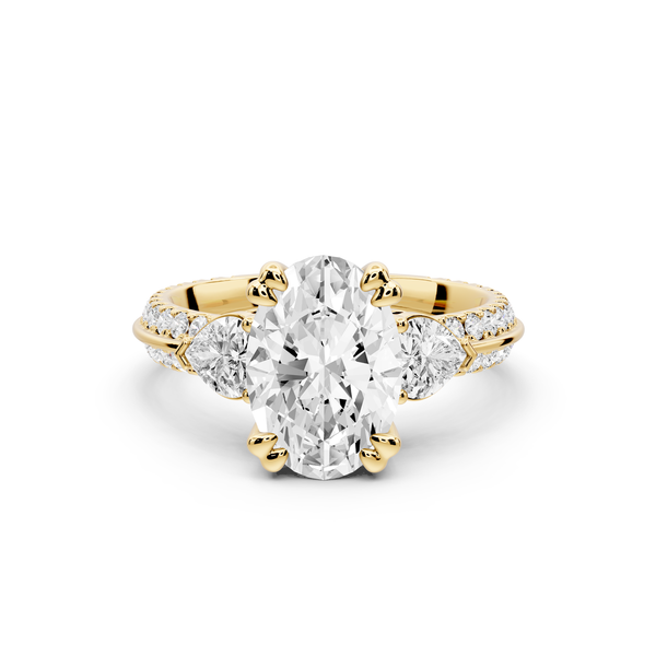 Elinor - 2ct 14k yellow gold oval diamond Double talon prongs with two heart side stones and rollover pavé engagement ring