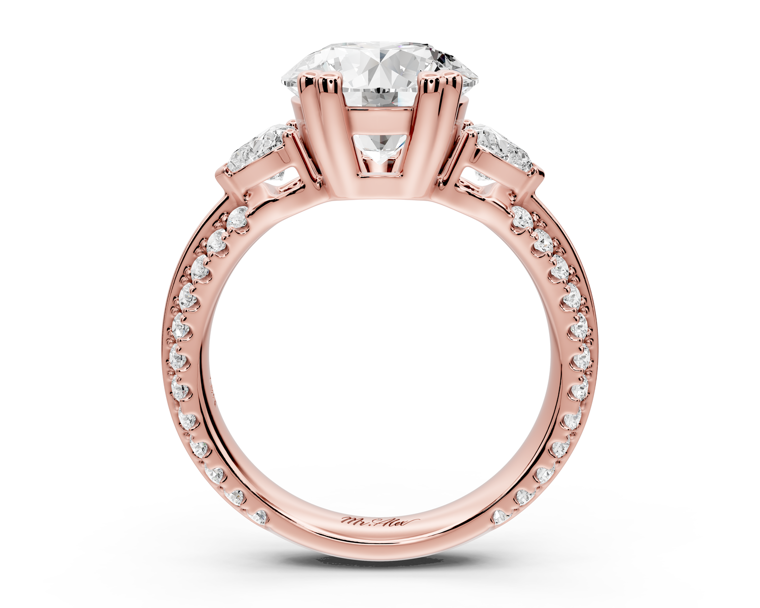 Elinor - 2ct 14k rose gold pear diamond Double talon prongs with two heart side stones and rollover pavé engagement ring