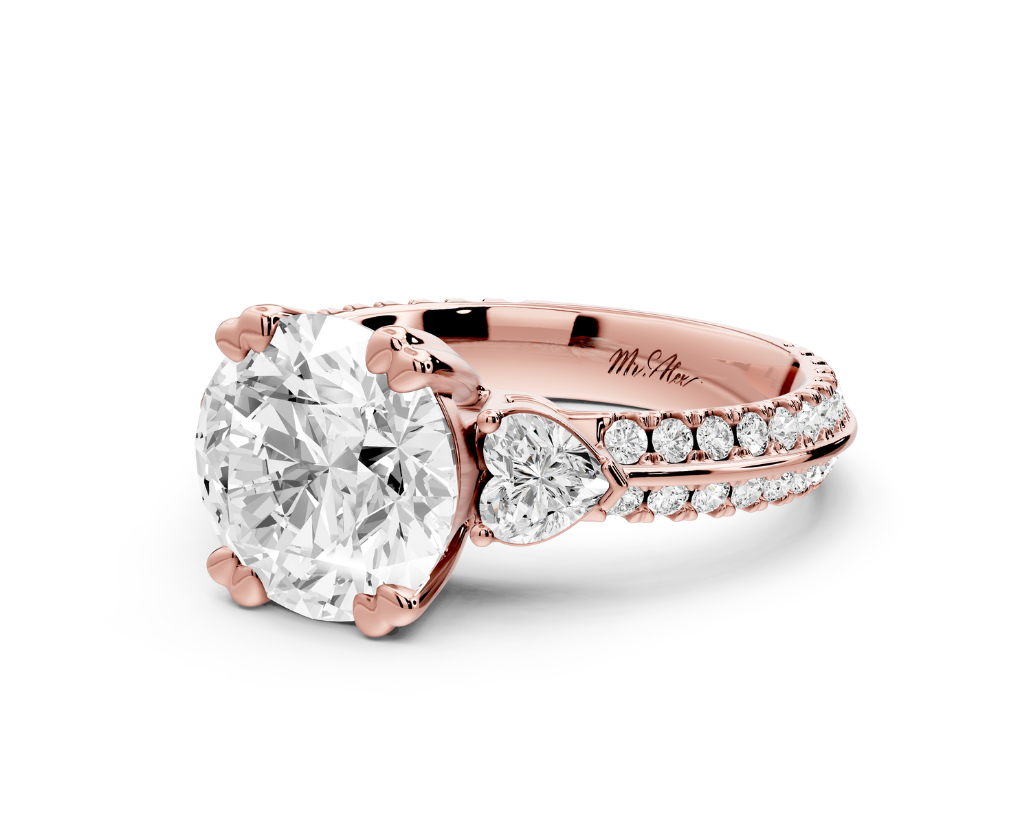 Elinor - 2ct 14k rose gold pear diamond Double talon prongs with two heart side stones and rollover pavé engagement ring