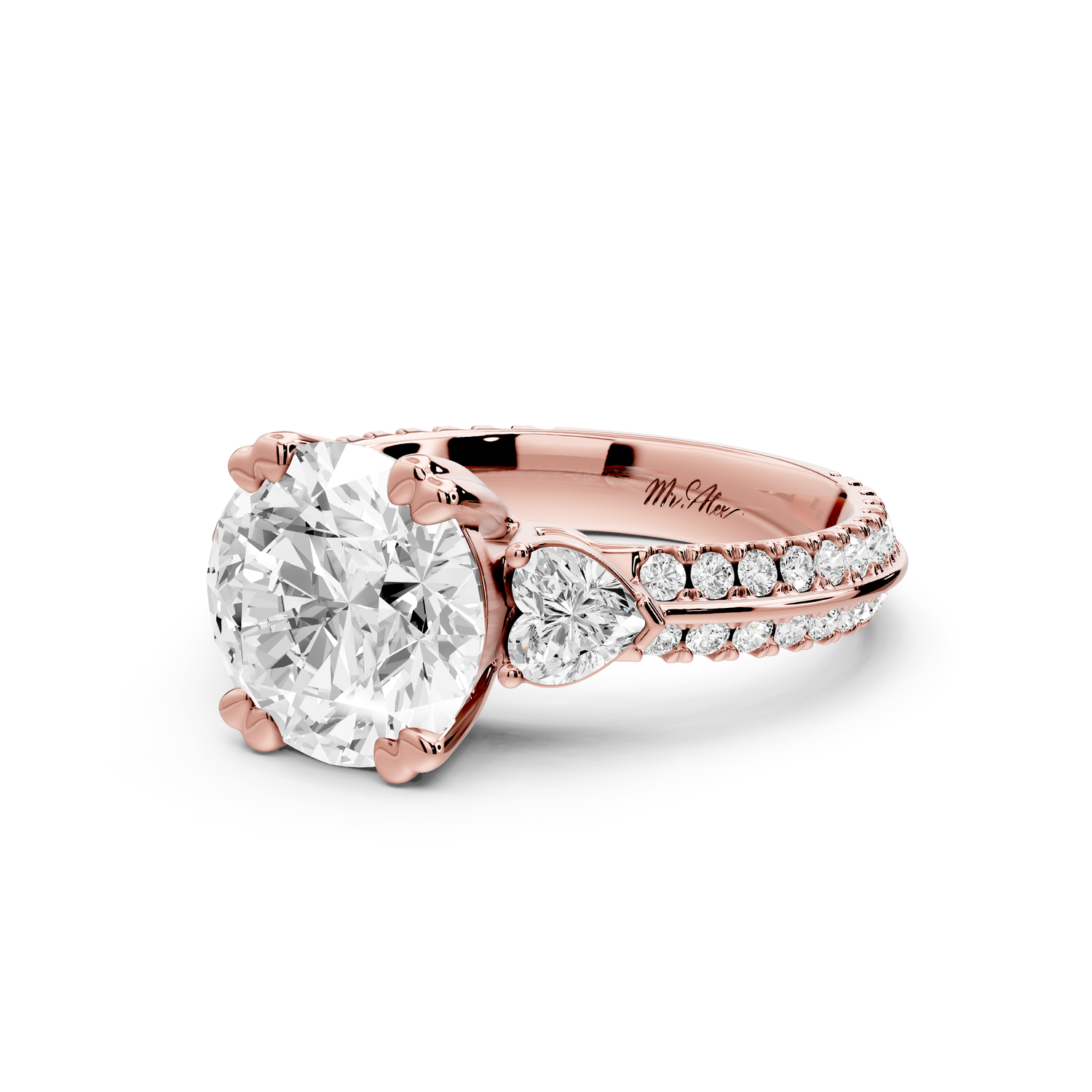 Elinor - 2ct 14k rose gold pear diamond Double talon prongs with two heart side stones and rollover pavé engagement ring