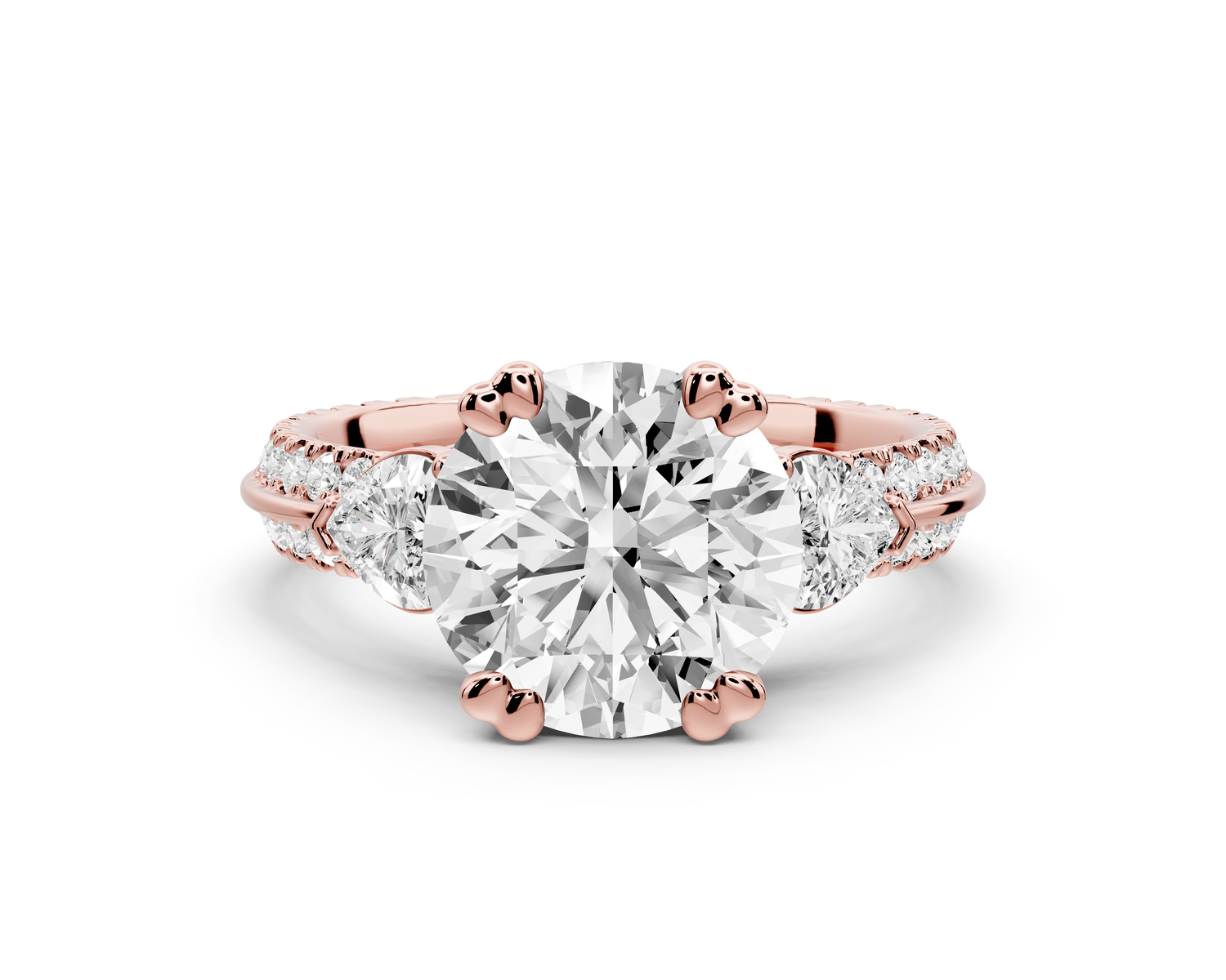 Elinor - 2ct 14k rose gold pear diamond Double talon prongs with two heart side stones and rollover pavé engagement ring