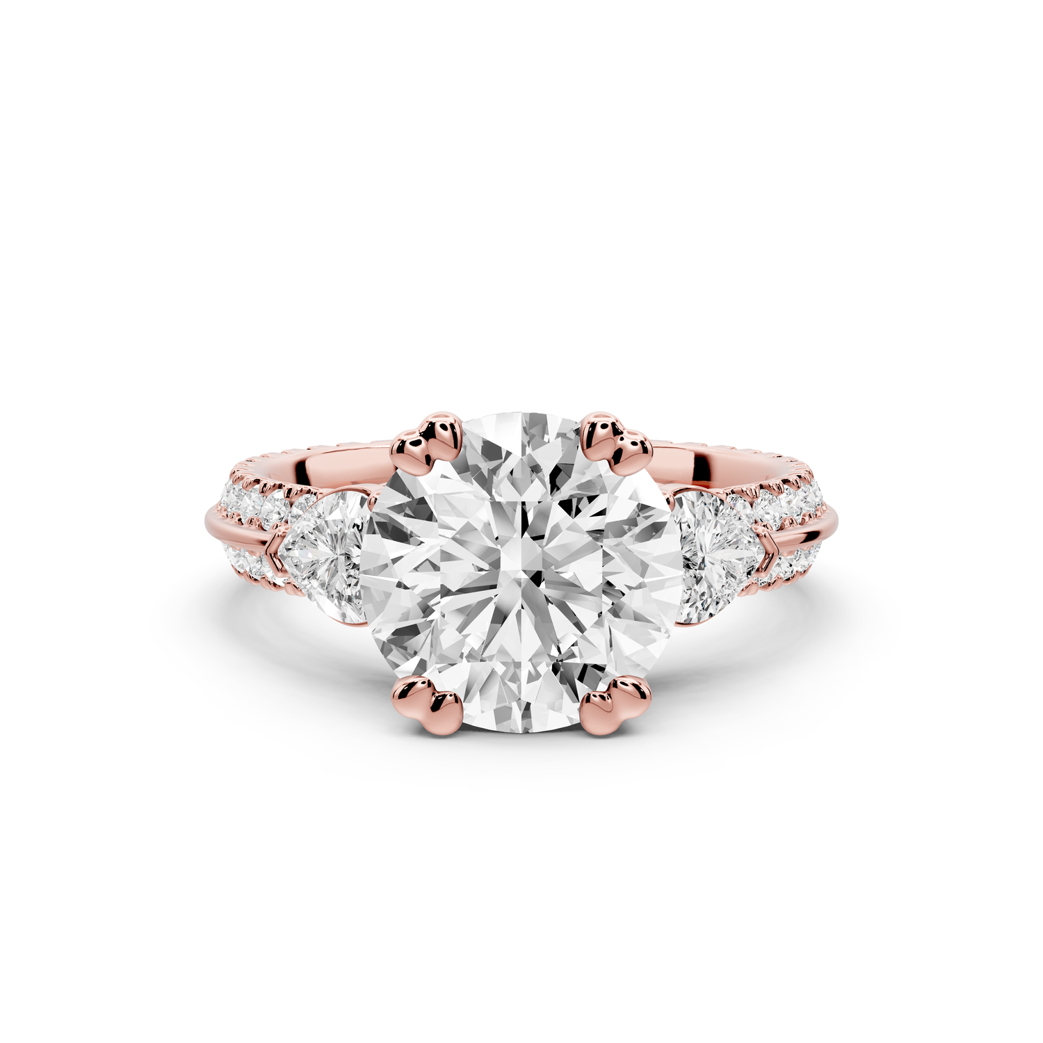Elinor - 2ct 14k rose gold pear diamond Double talon prongs with two heart side stones and rollover pavé engagement ring