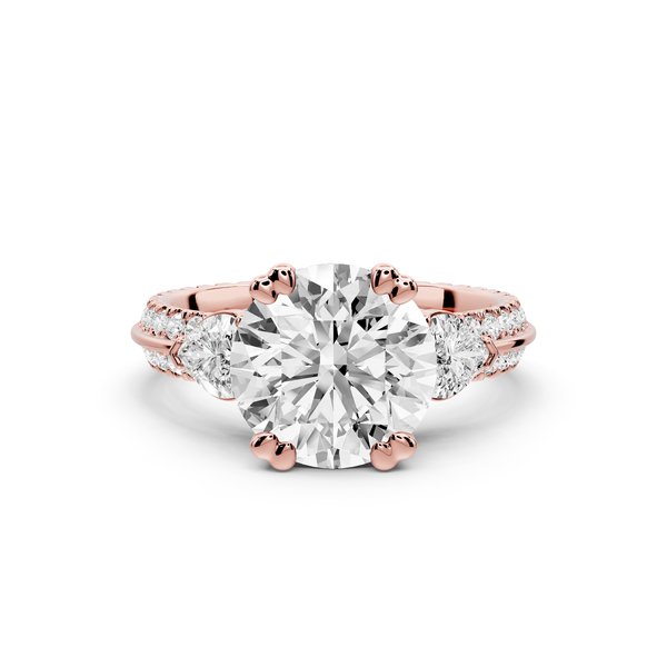 Elinor - 2ct 14k rose gold pear diamond Double talon prongs with two heart side stones and rollover pavé engagement ring
