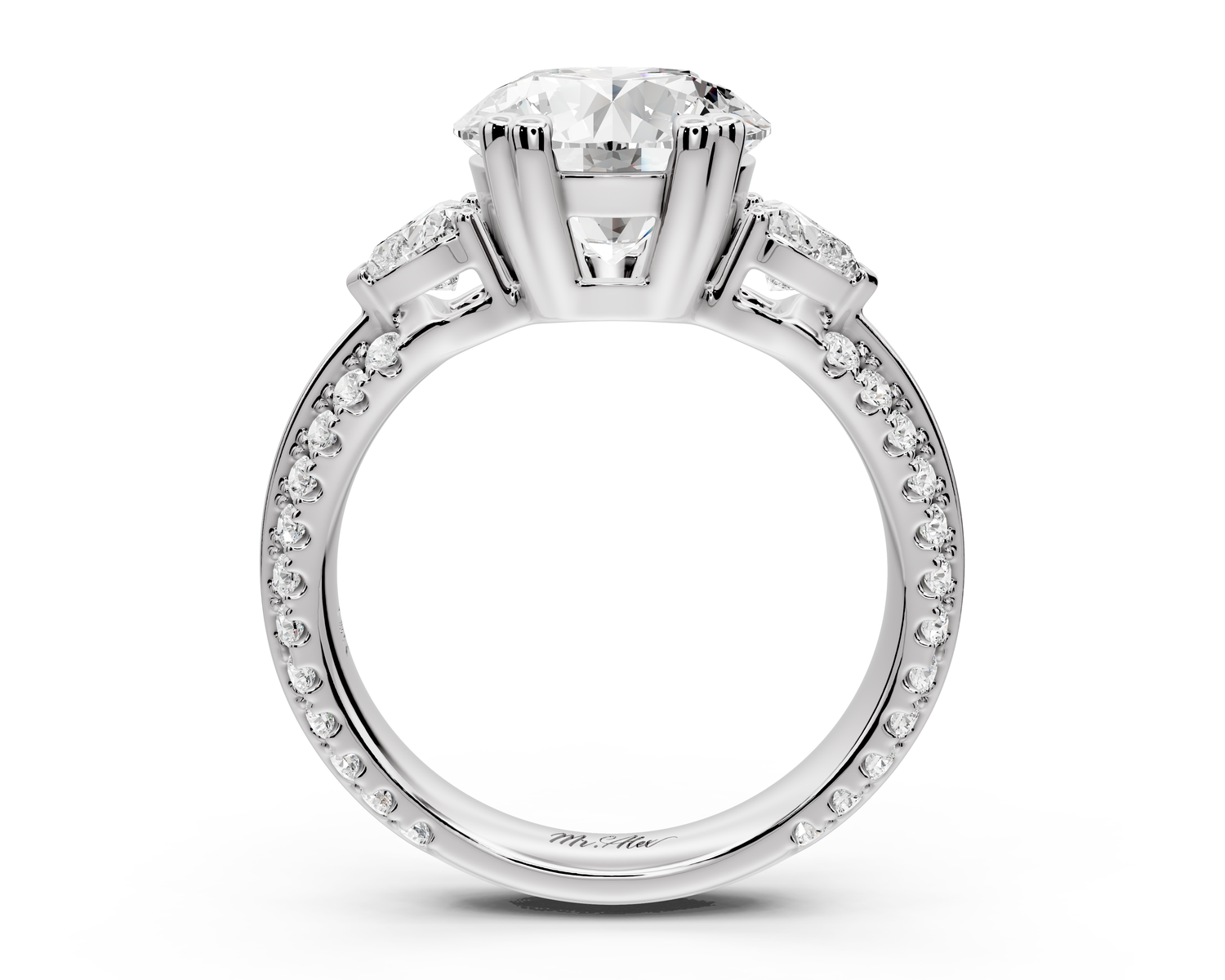 Elinor - 2ct 14k white gold pear diamond Double talon prongs with two heart side stones and rollover pavé engagement ring