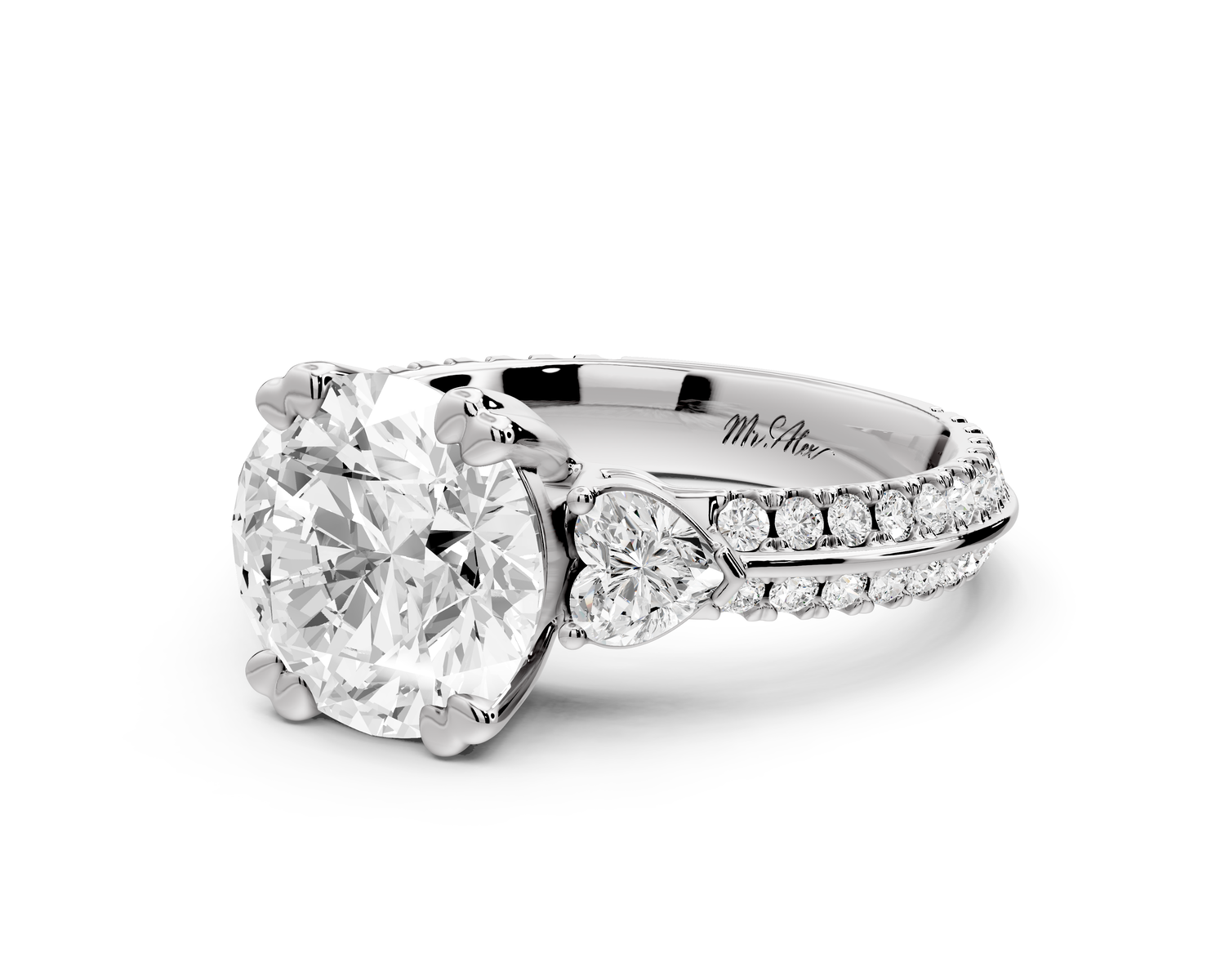 Elinor - 2ct 14k white gold pear diamond Double talon prongs with two heart side stones and rollover pavé engagement ring