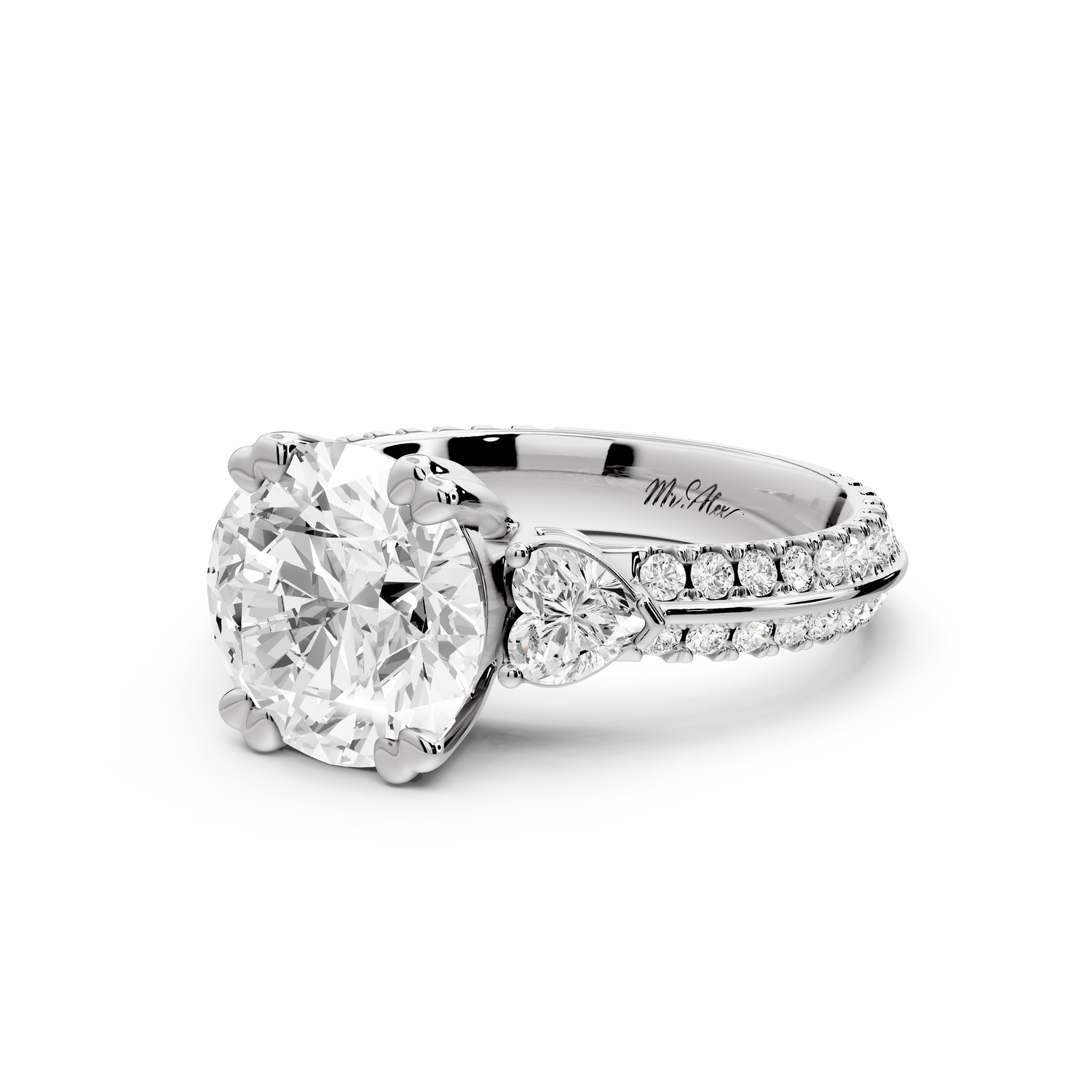 Elinor - 2ct 14k white gold pear diamond Double talon prongs with two heart side stones and rollover pavé engagement ring